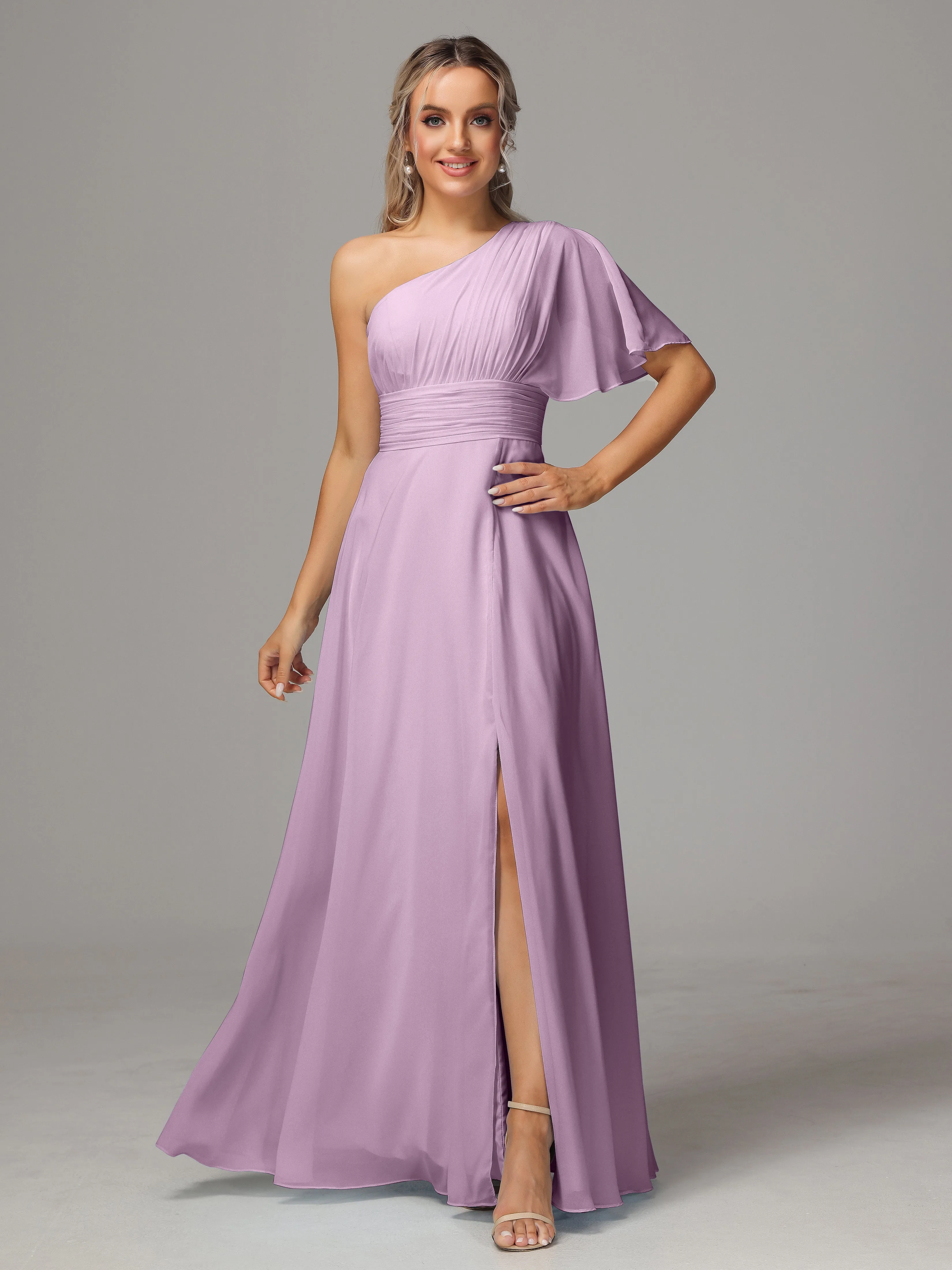 One Shoulder Chiffon Bridesmaid Dresses With Slit
