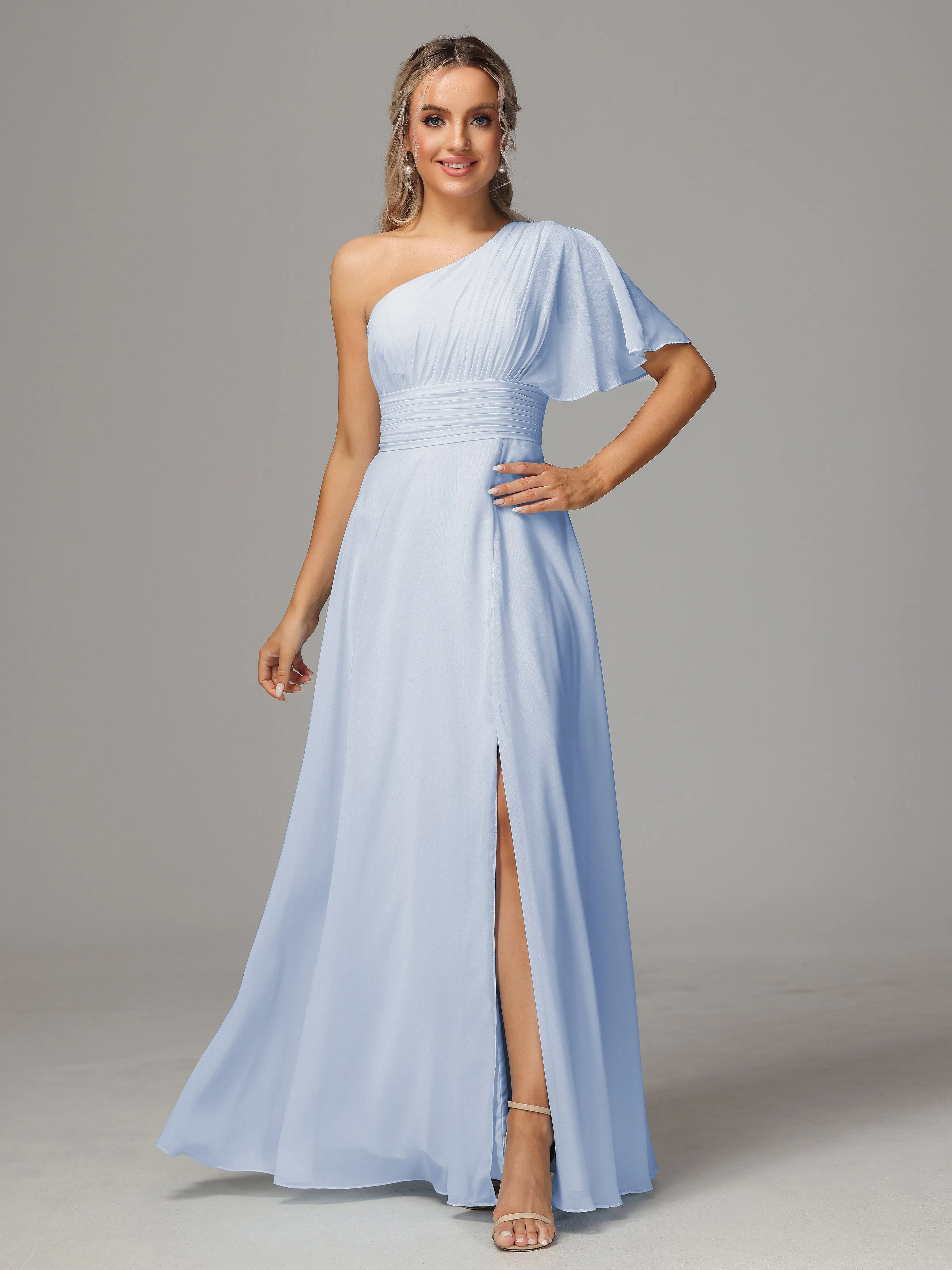 One Shoulder Chiffon Bridesmaid Dresses With Slit