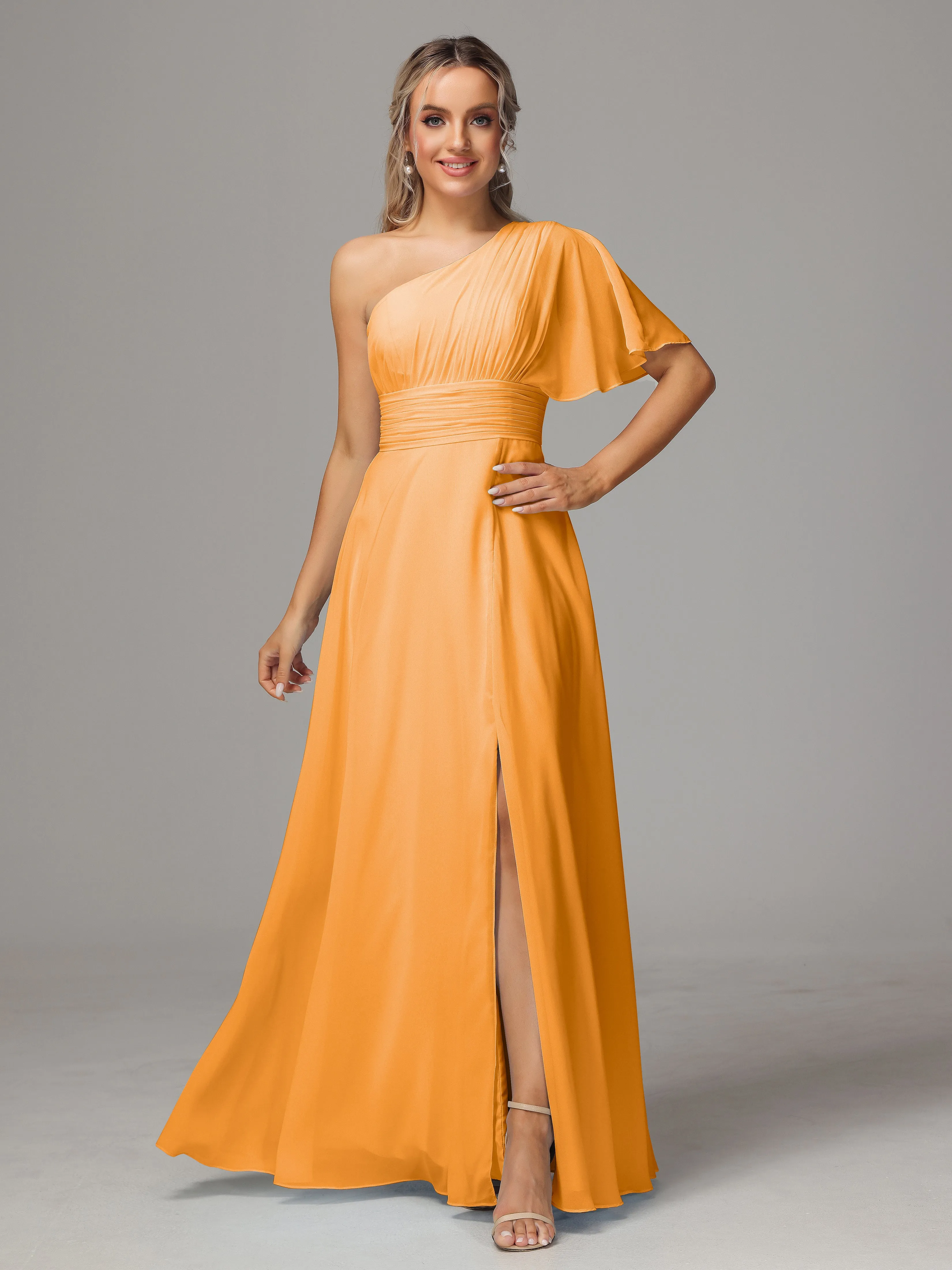 One Shoulder Chiffon Bridesmaid Dresses With Slit