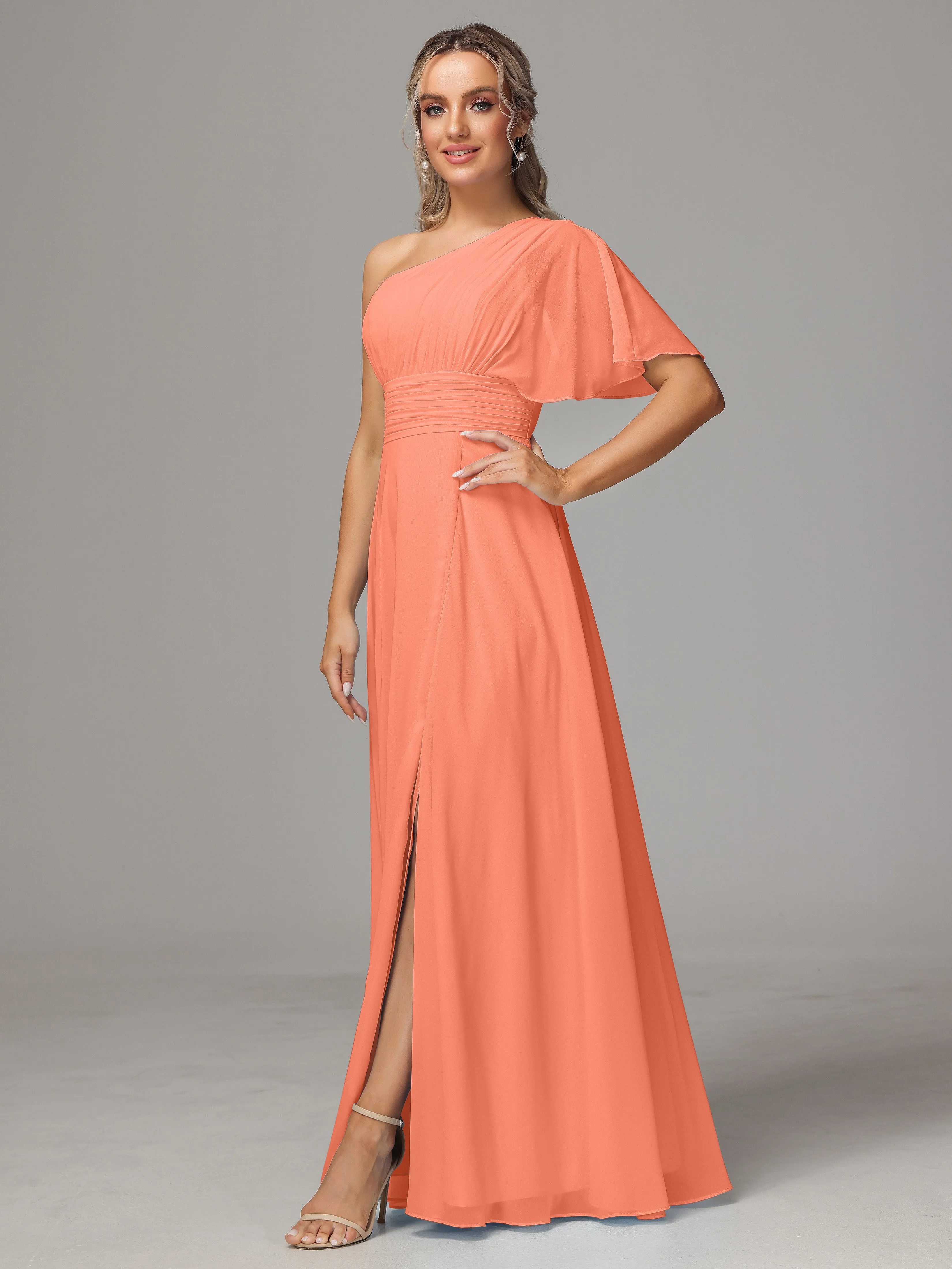 One Shoulder Chiffon Bridesmaid Dresses With Slit
