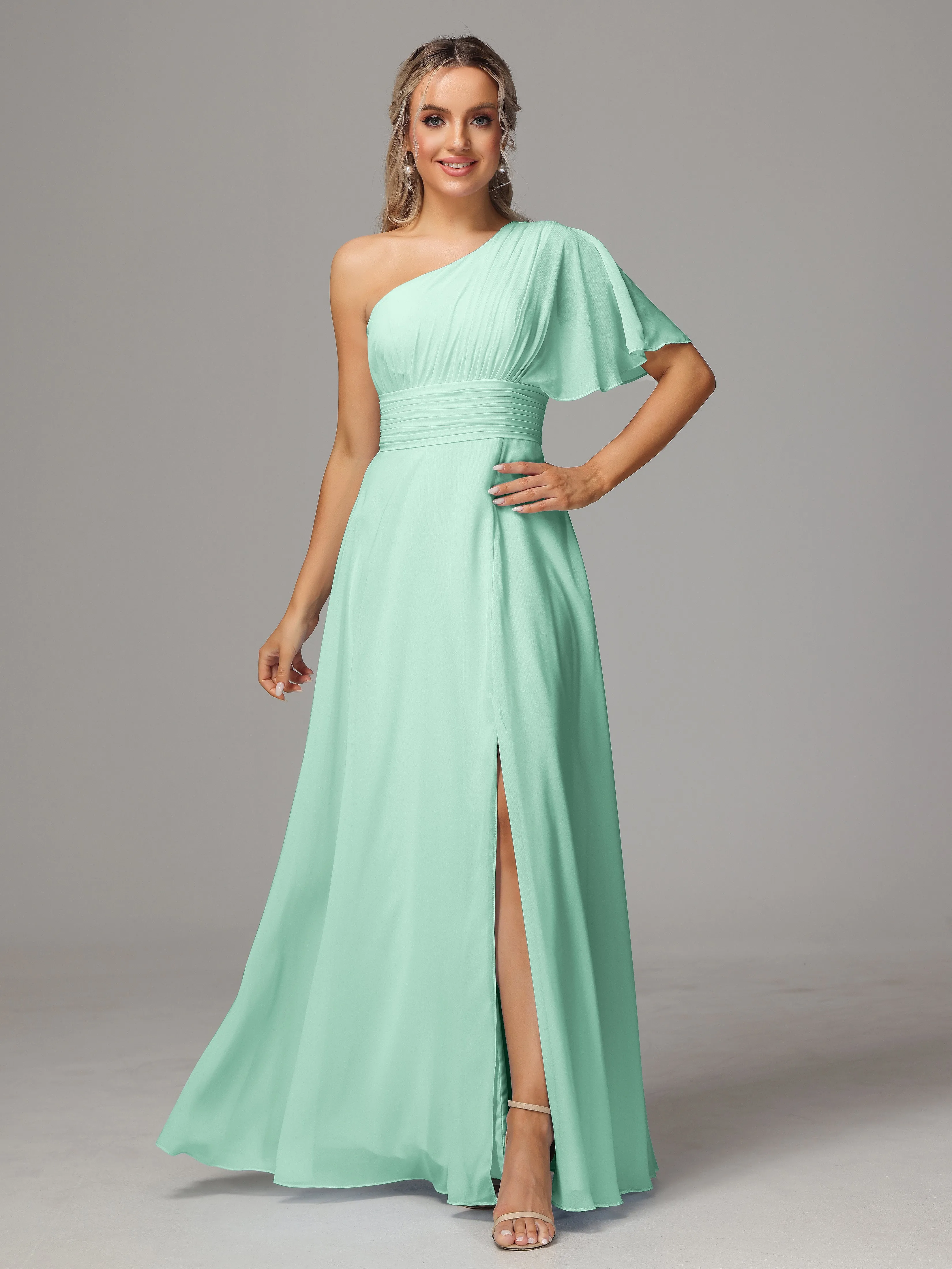 One Shoulder Chiffon Bridesmaid Dresses With Slit