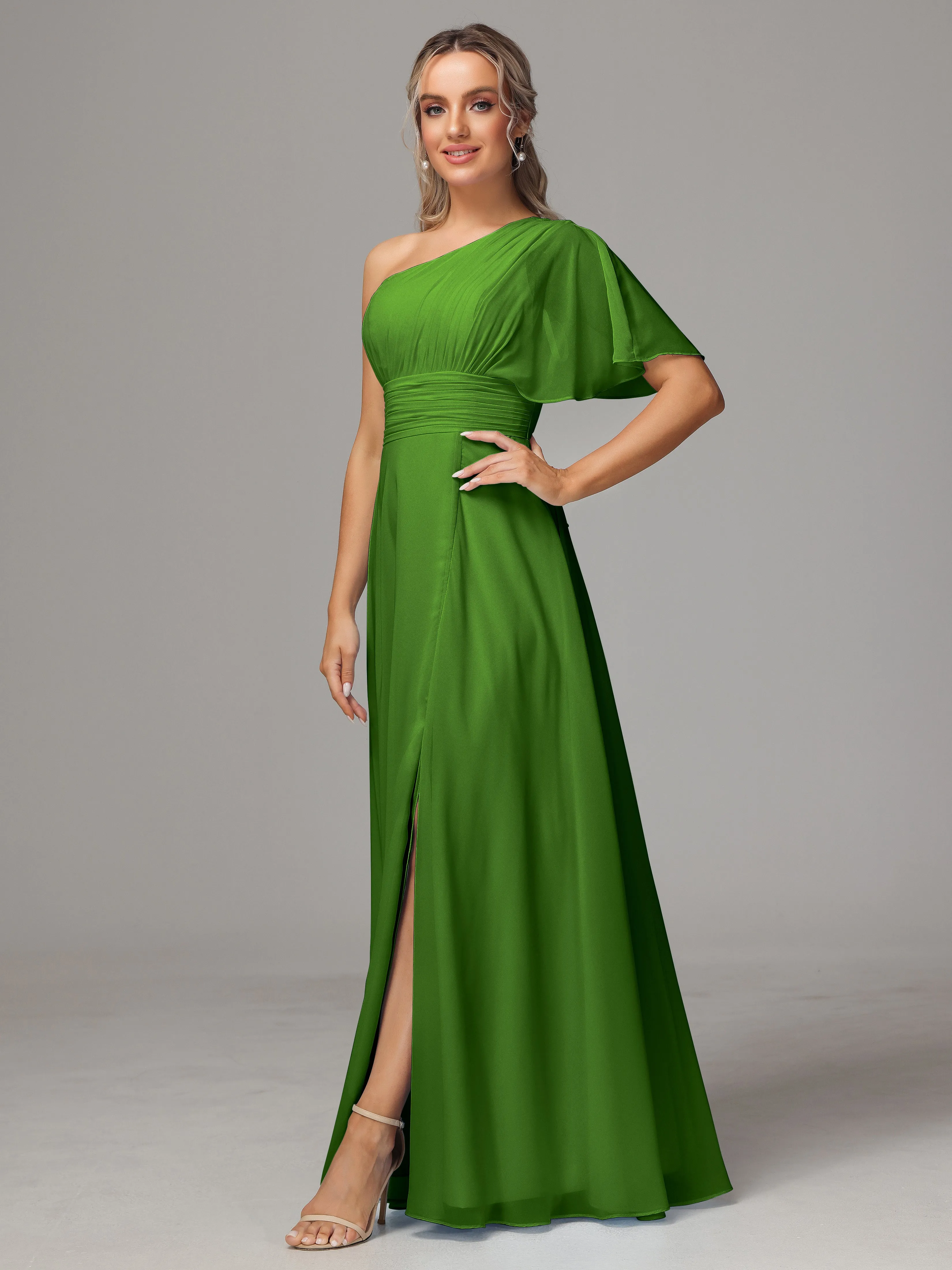One Shoulder Chiffon Bridesmaid Dresses With Slit