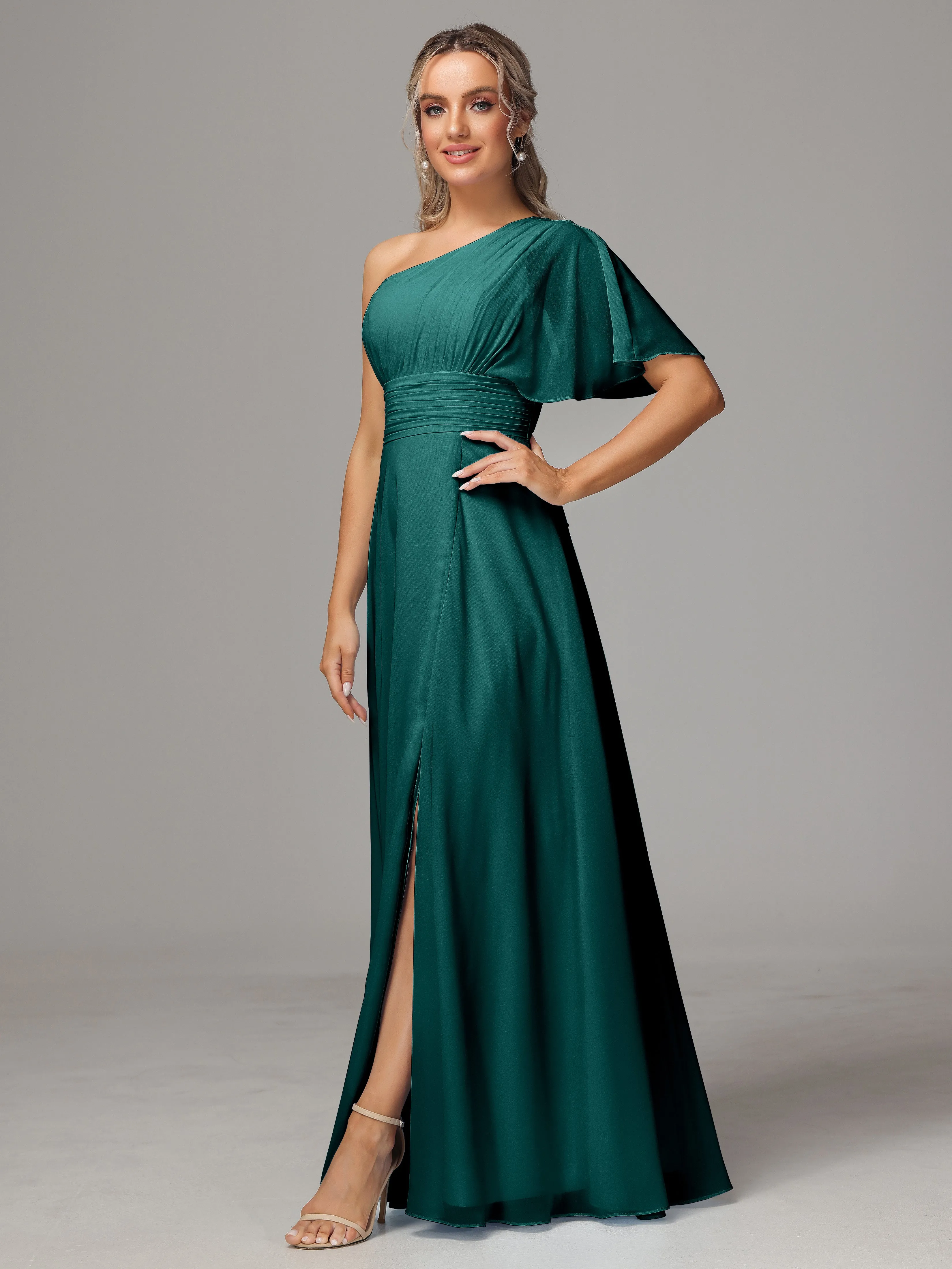 One Shoulder Chiffon Bridesmaid Dresses With Slit