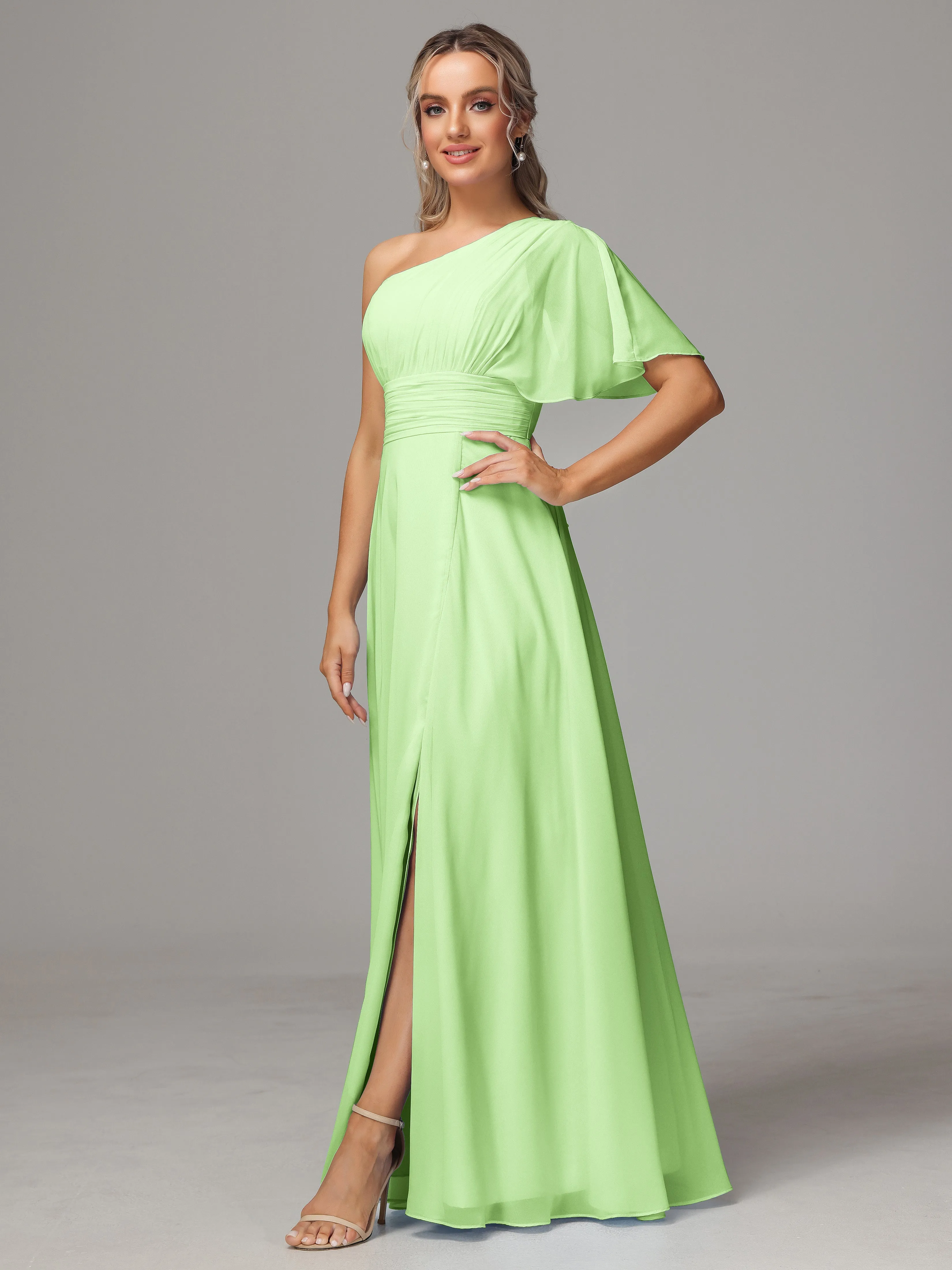 One Shoulder Chiffon Bridesmaid Dresses With Slit