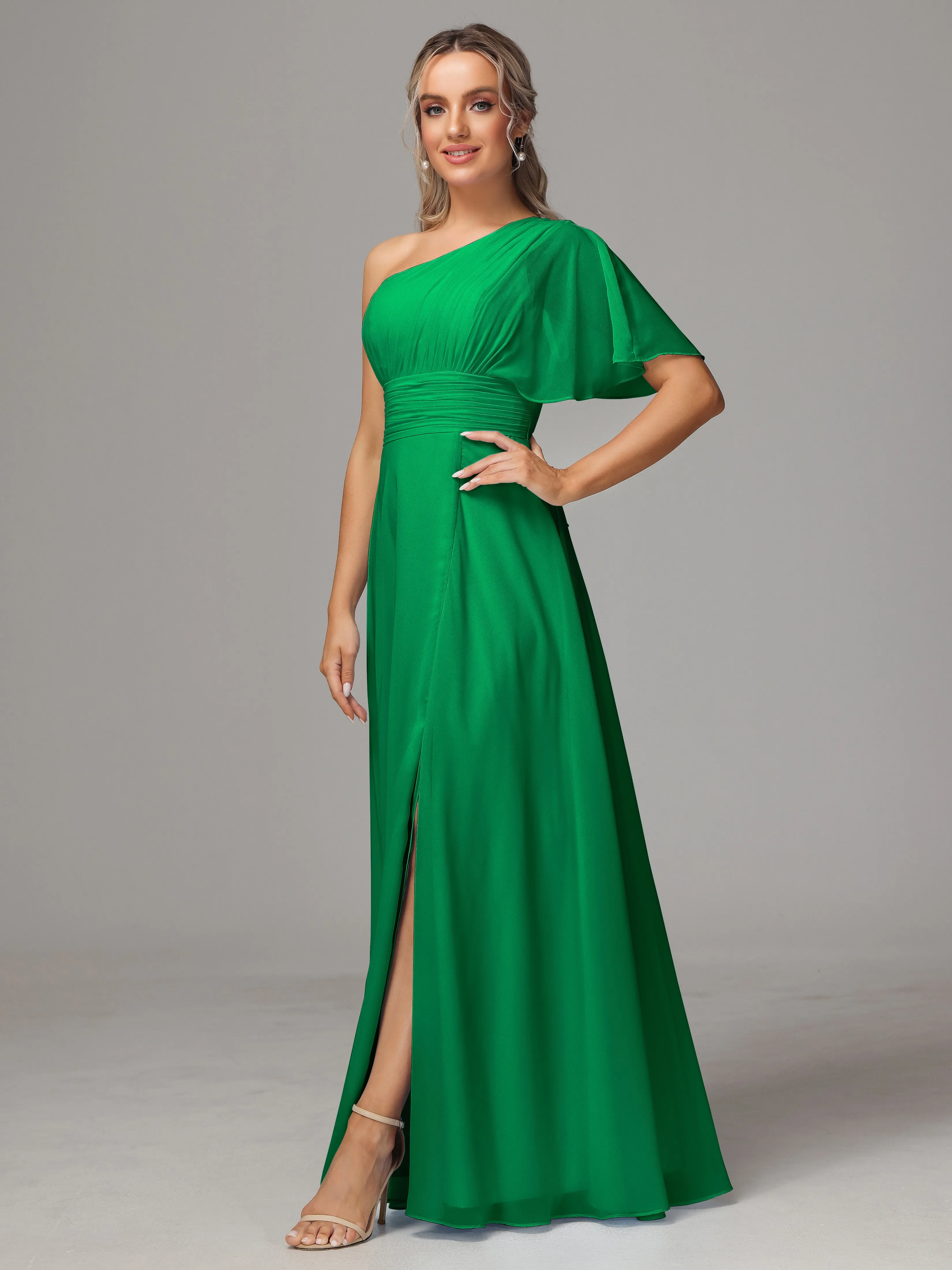 One Shoulder Chiffon Bridesmaid Dresses With Slit