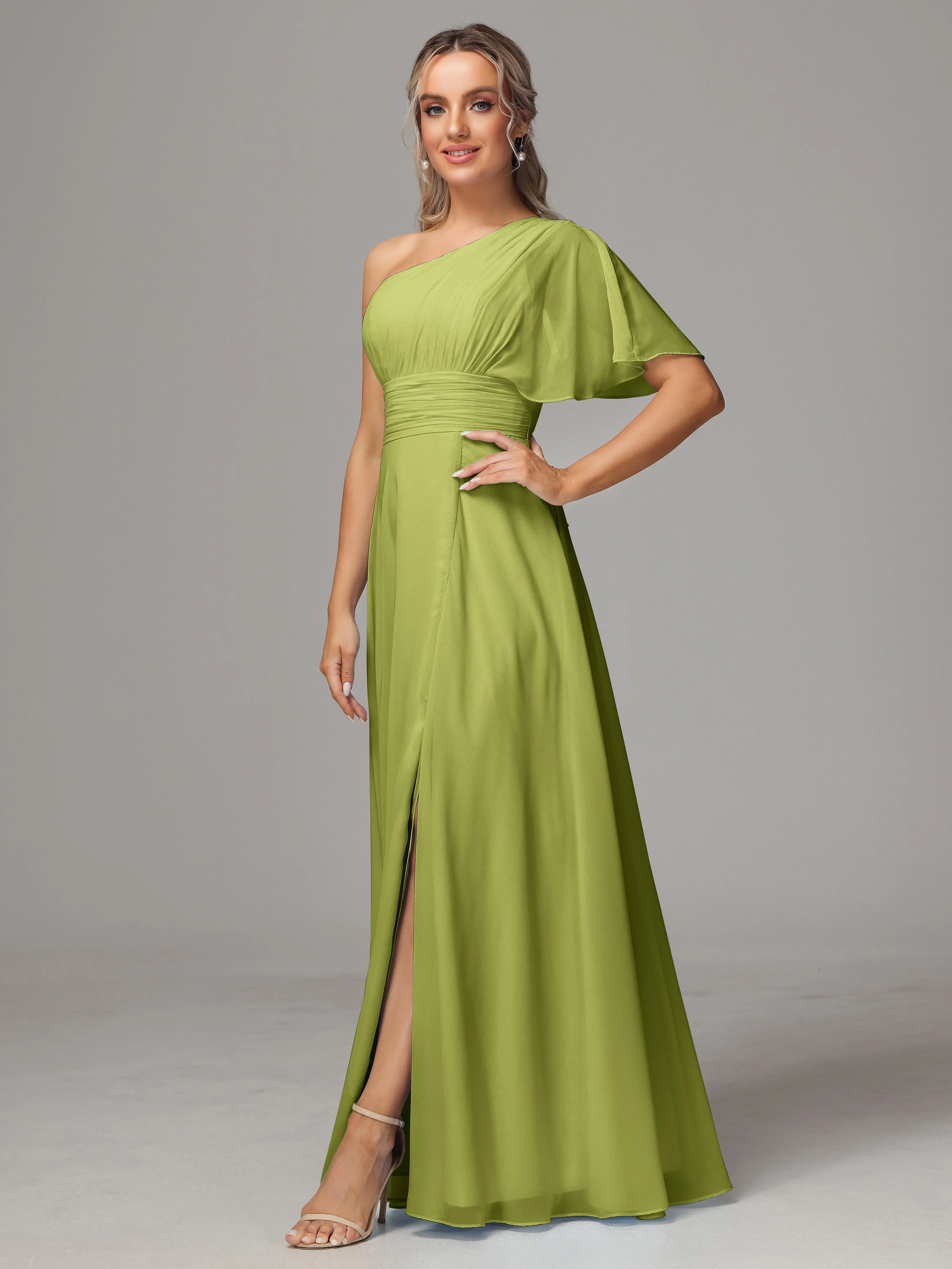 One Shoulder Chiffon Bridesmaid Dresses With Slit