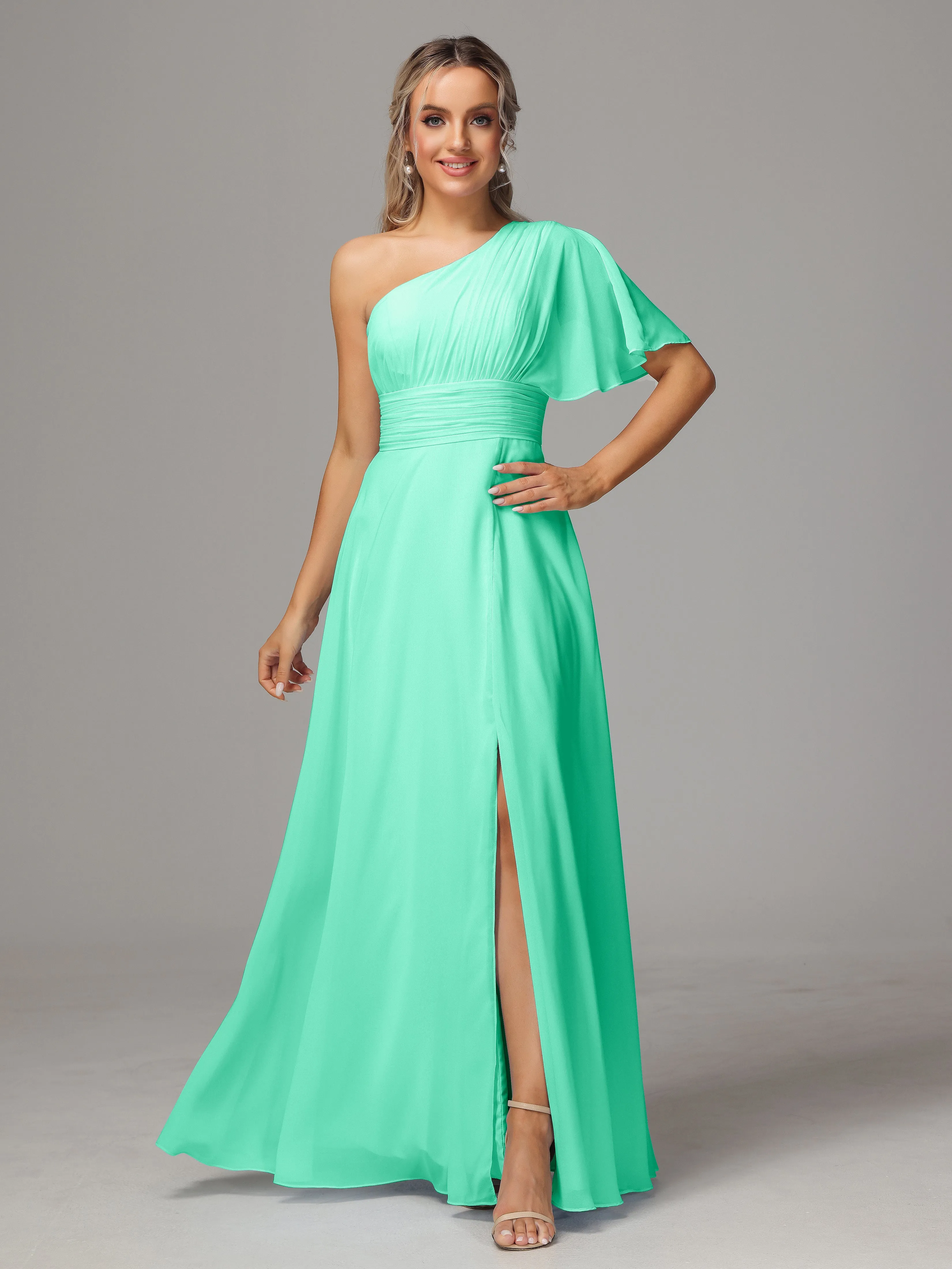One Shoulder Chiffon Bridesmaid Dresses With Slit