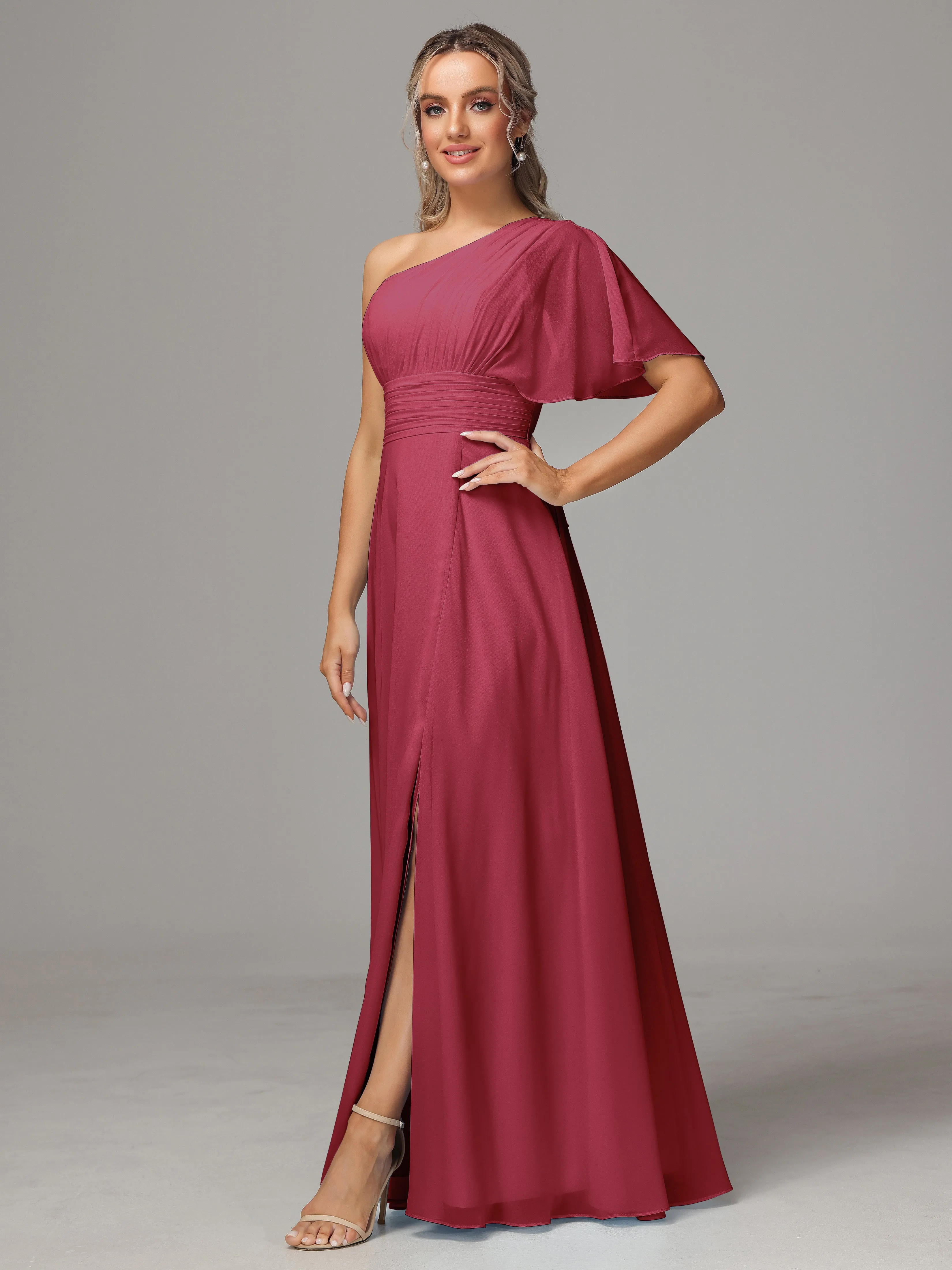 One Shoulder Chiffon Bridesmaid Dresses With Slit