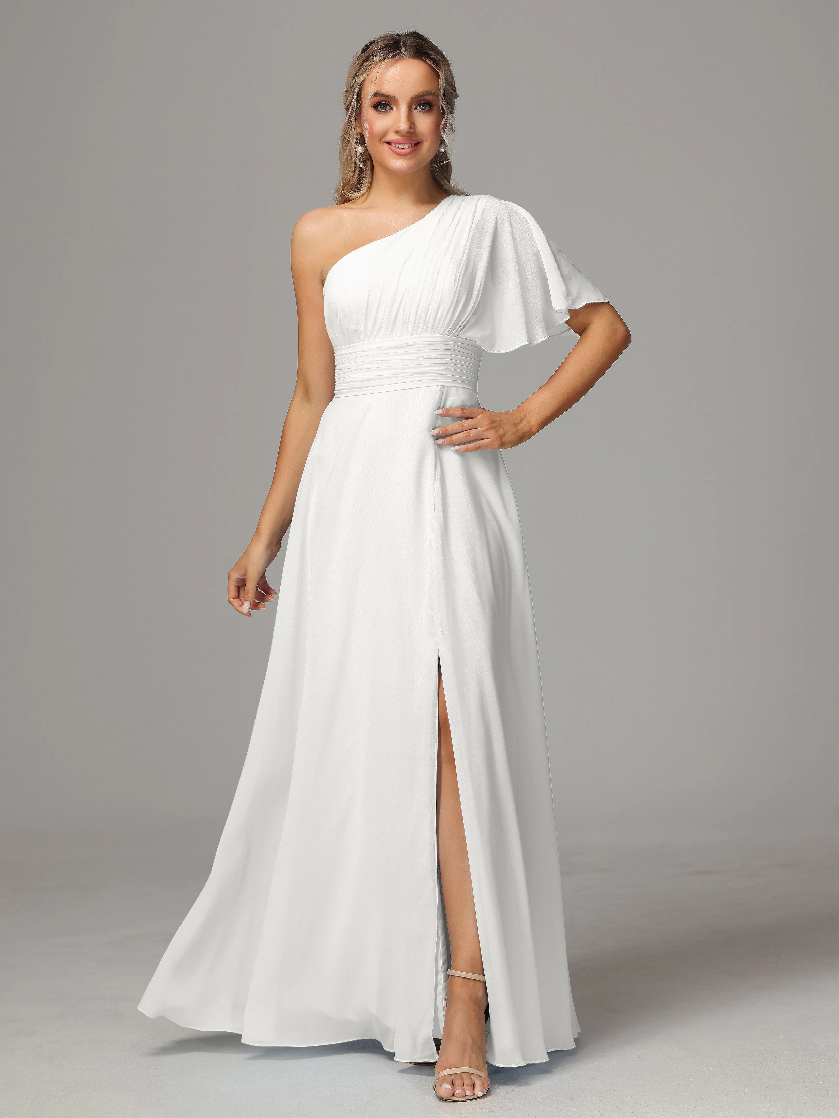 One Shoulder Chiffon Bridesmaid Dresses With Slit