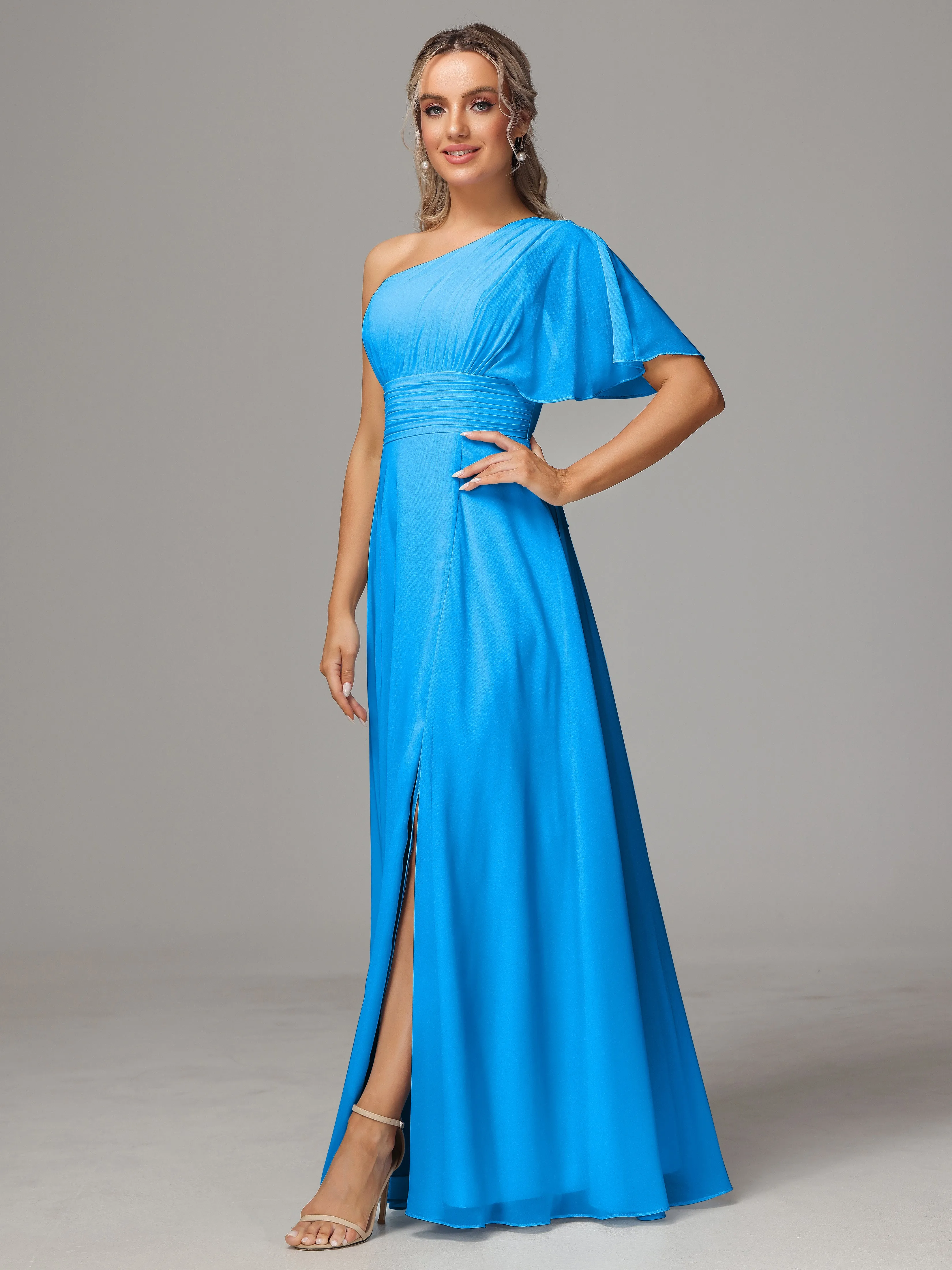 One Shoulder Chiffon Bridesmaid Dresses With Slit