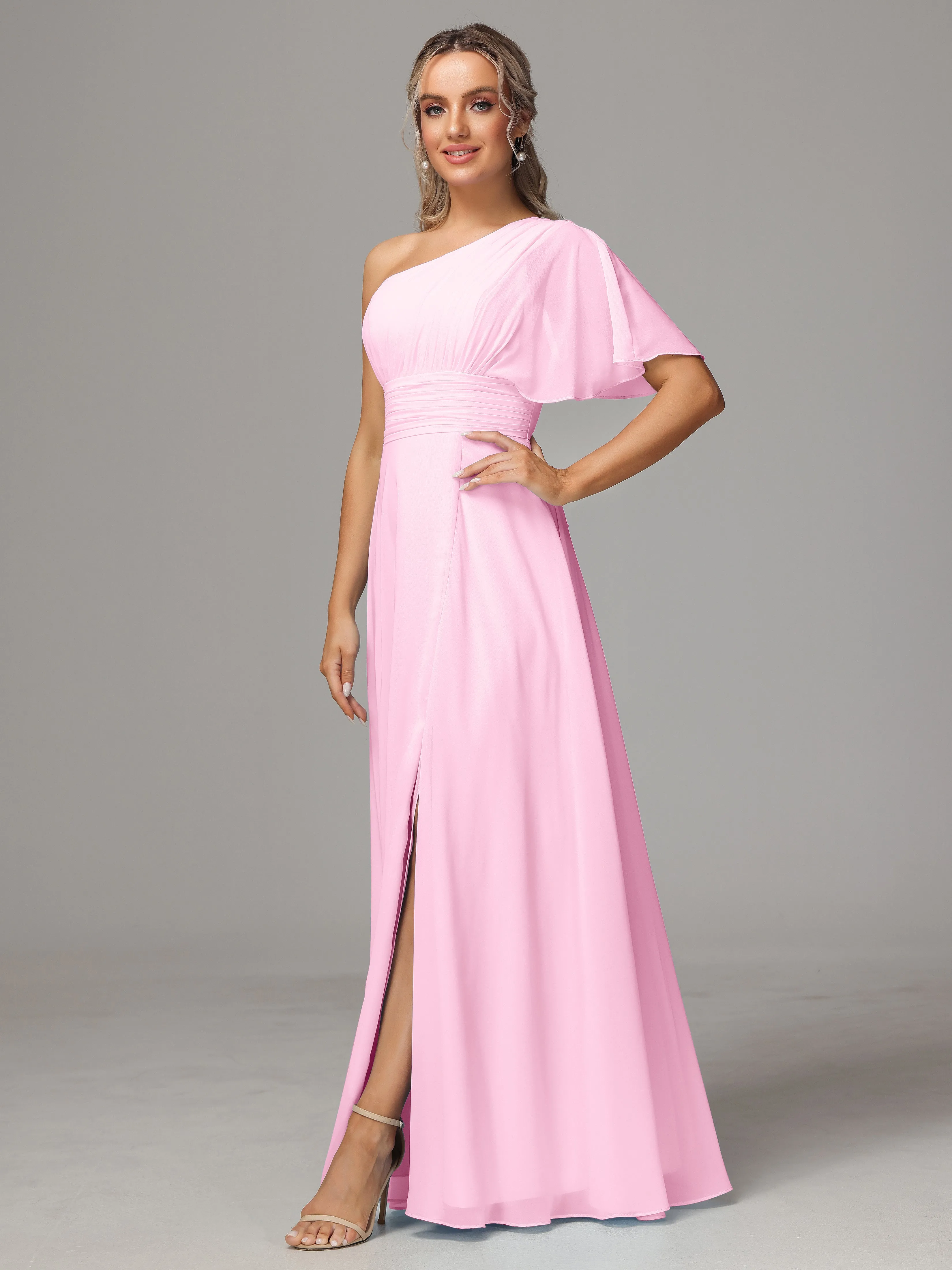 One Shoulder Chiffon Bridesmaid Dresses With Slit