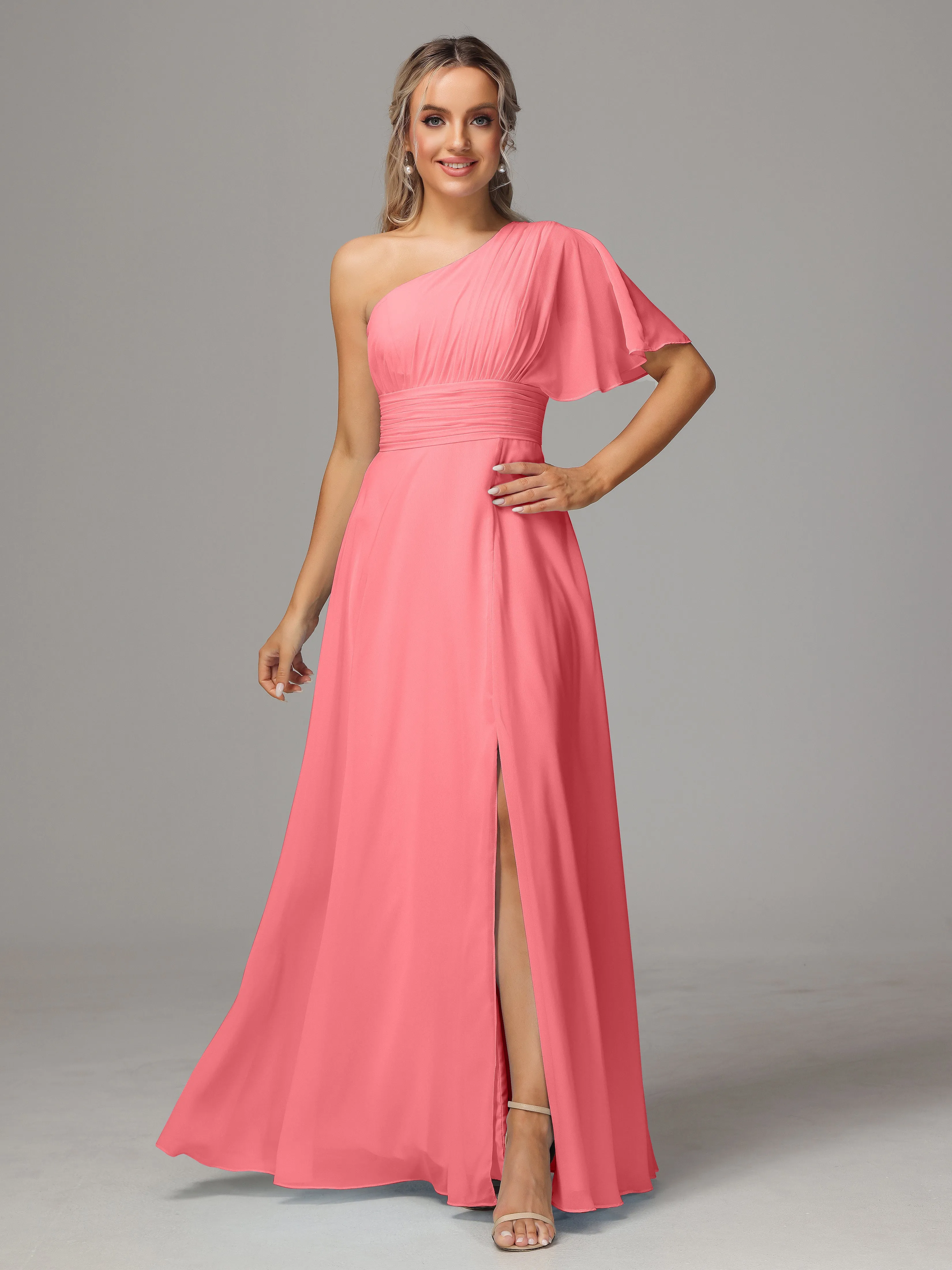 One Shoulder Chiffon Bridesmaid Dresses With Slit