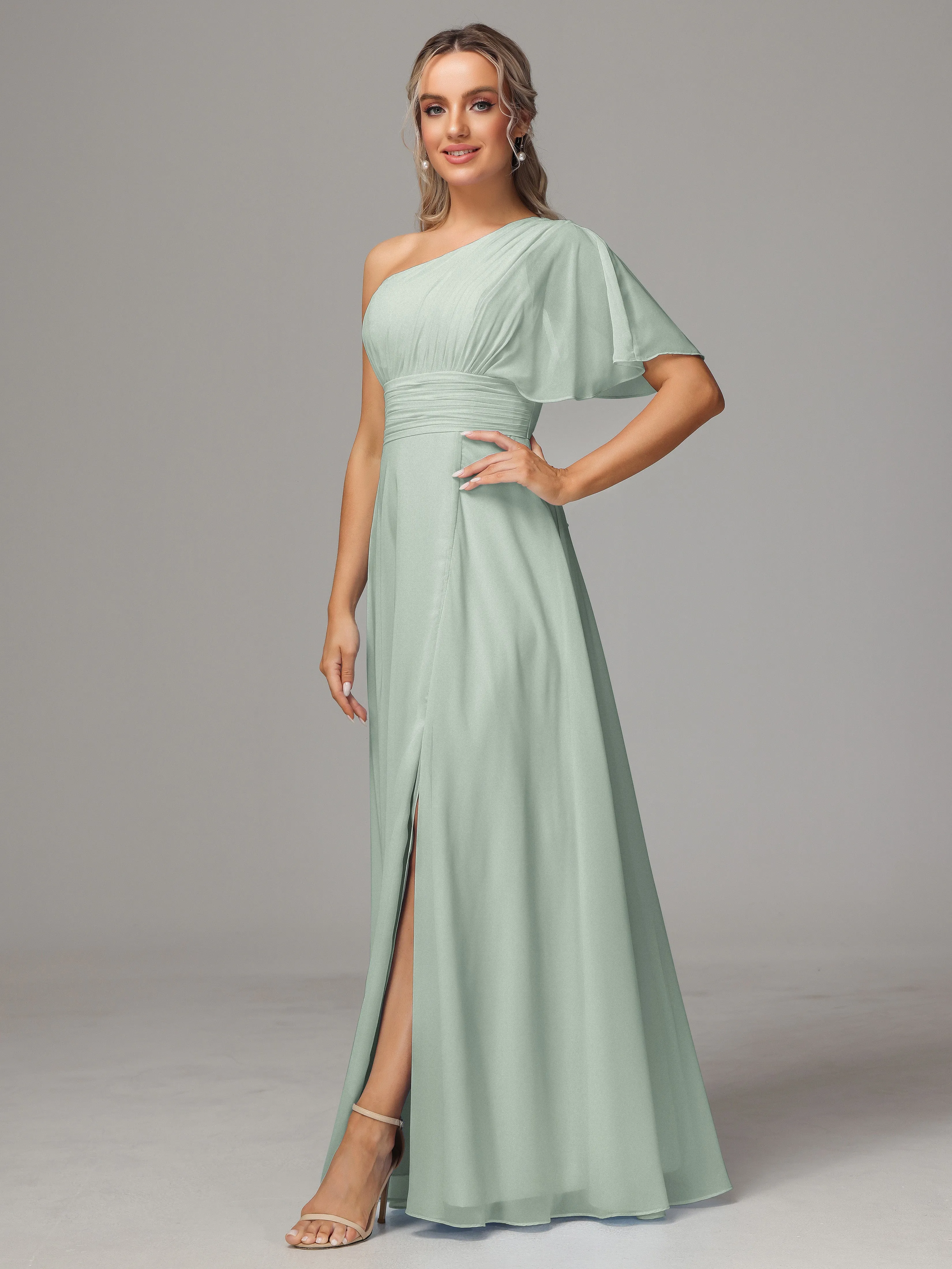 One Shoulder Chiffon Bridesmaid Dresses With Slit