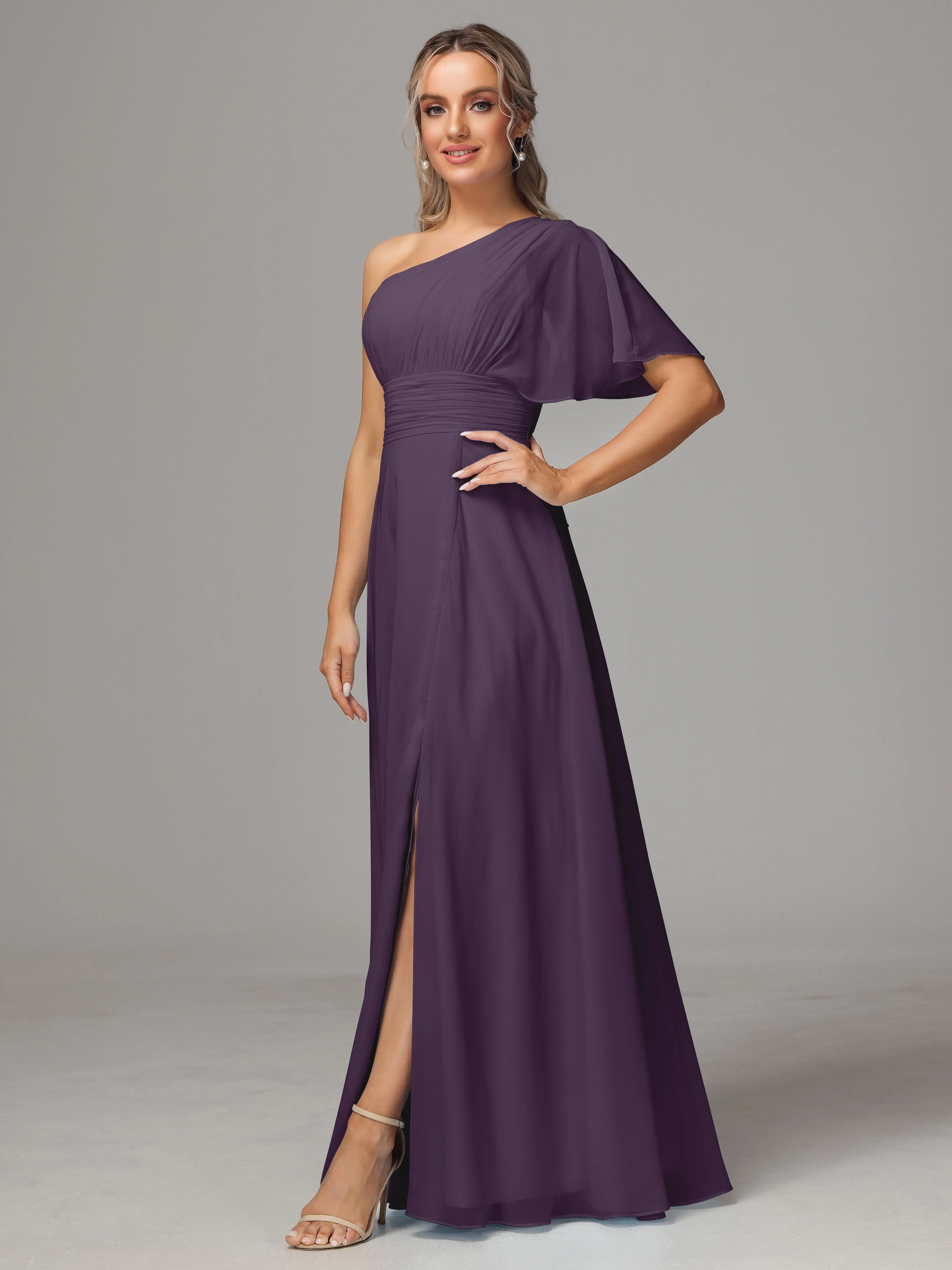 One Shoulder Chiffon Bridesmaid Dresses With Slit