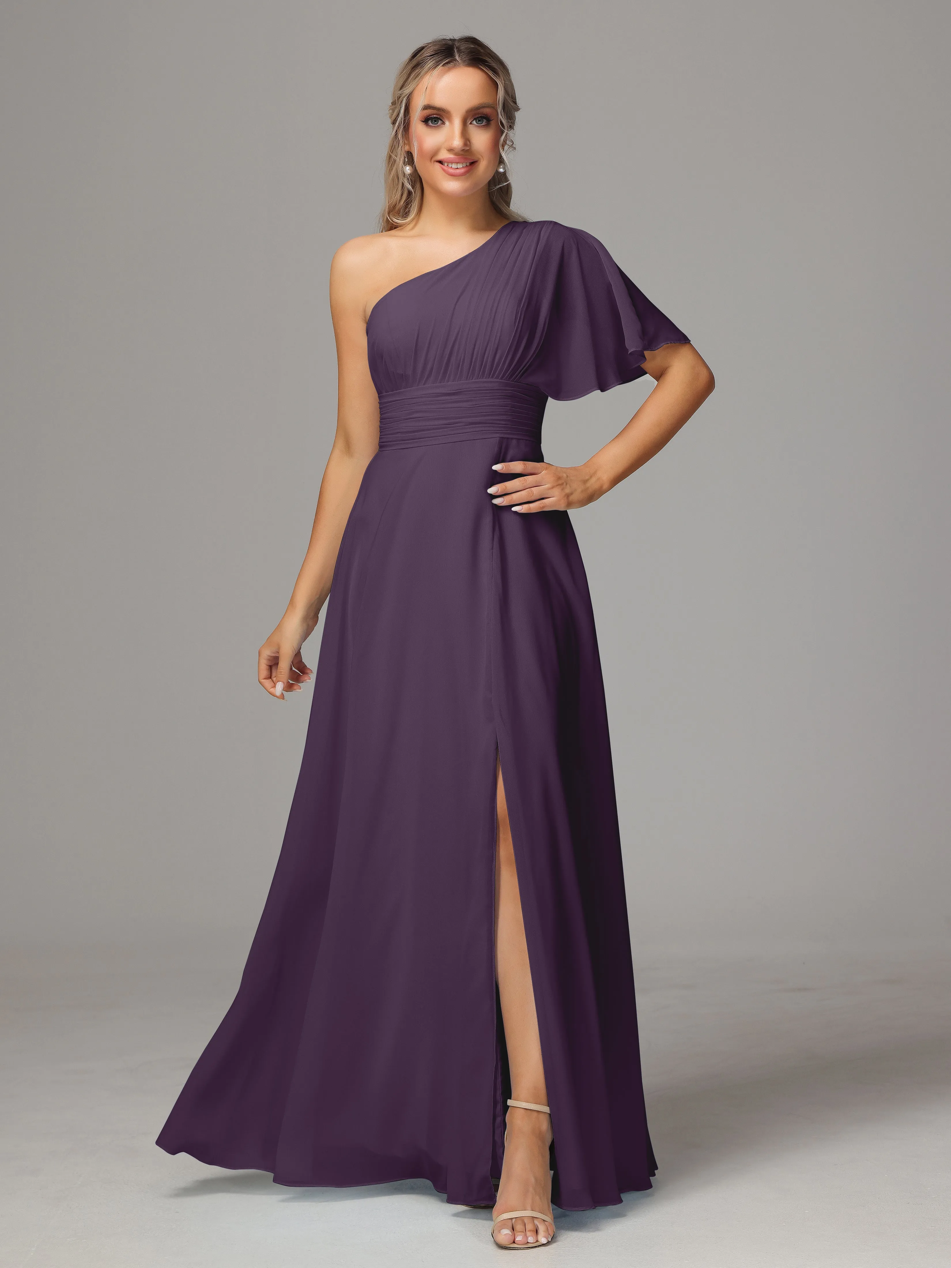 One Shoulder Chiffon Bridesmaid Dresses With Slit