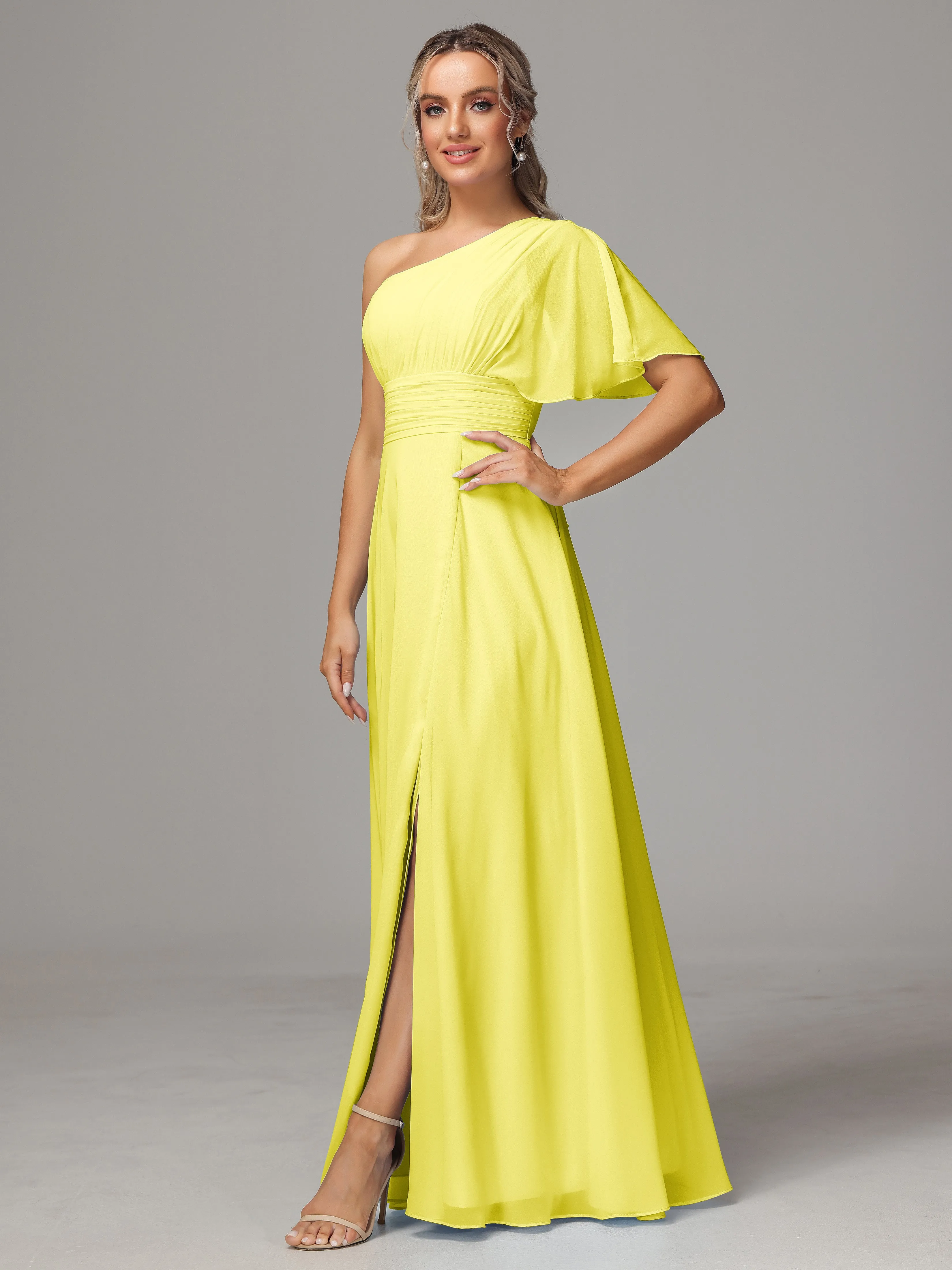 One Shoulder Chiffon Bridesmaid Dresses With Slit