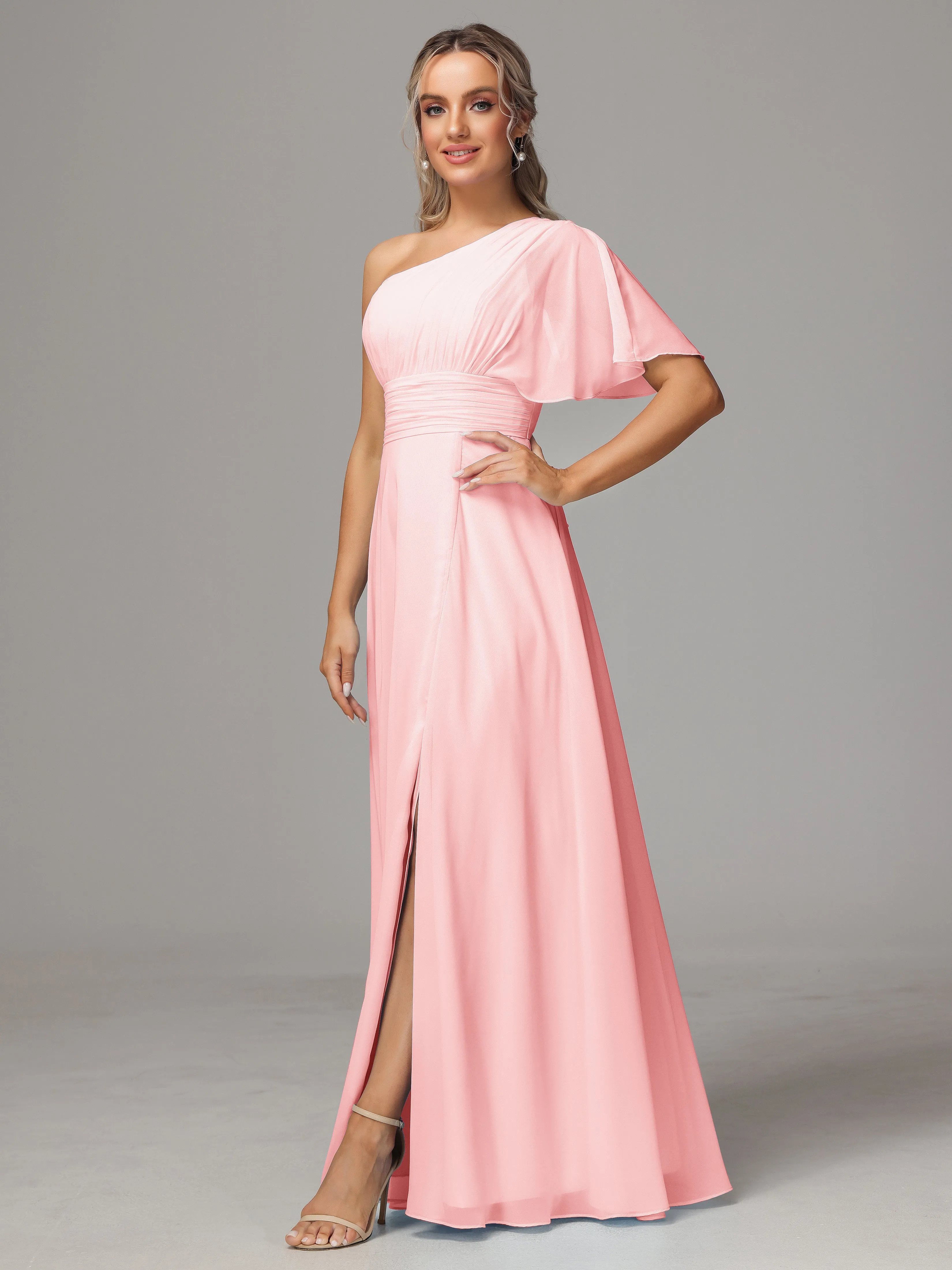 One Shoulder Chiffon Bridesmaid Dresses With Slit