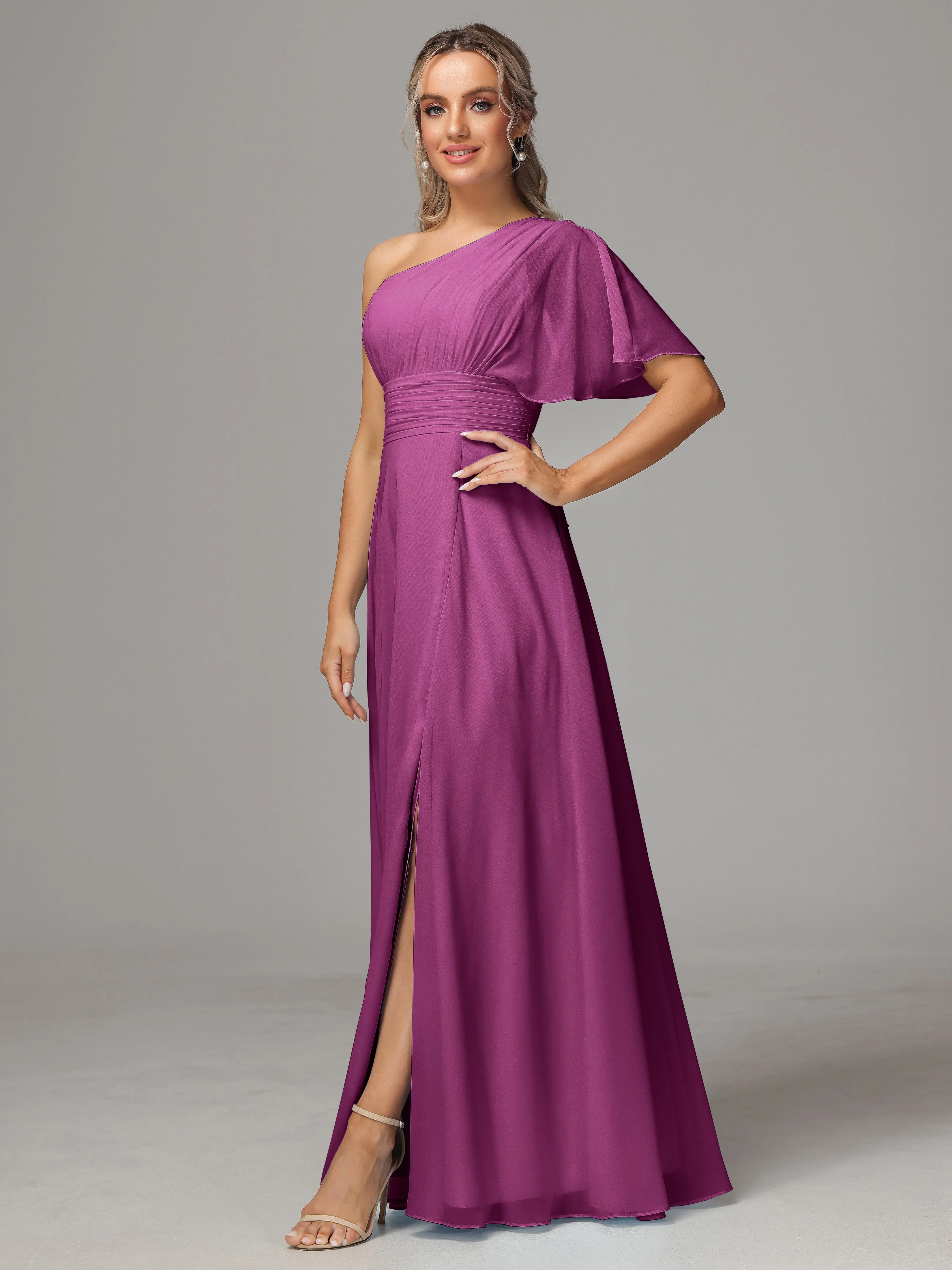 One Shoulder Chiffon Bridesmaid Dresses With Slit