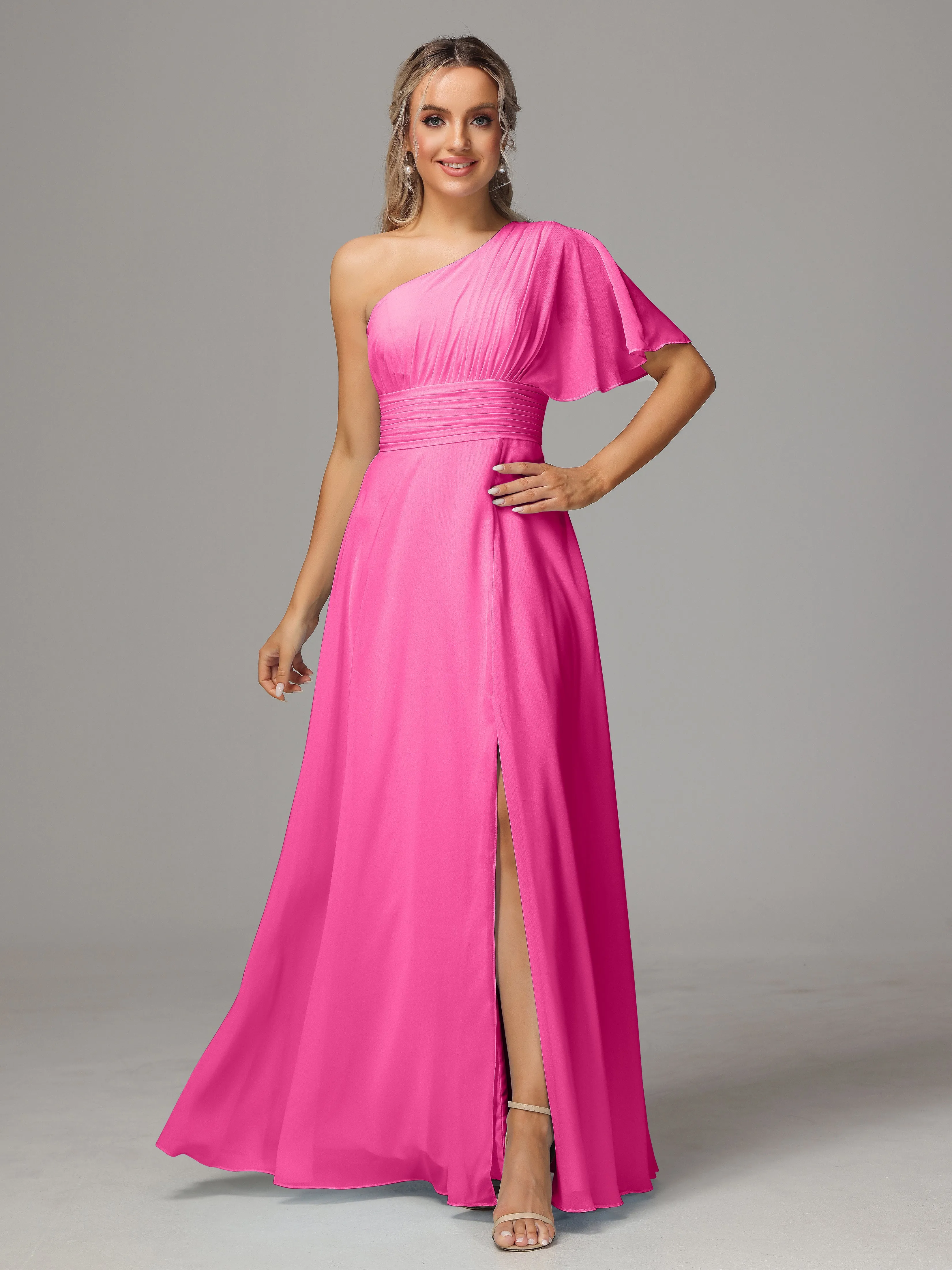 One Shoulder Chiffon Bridesmaid Dresses With Slit