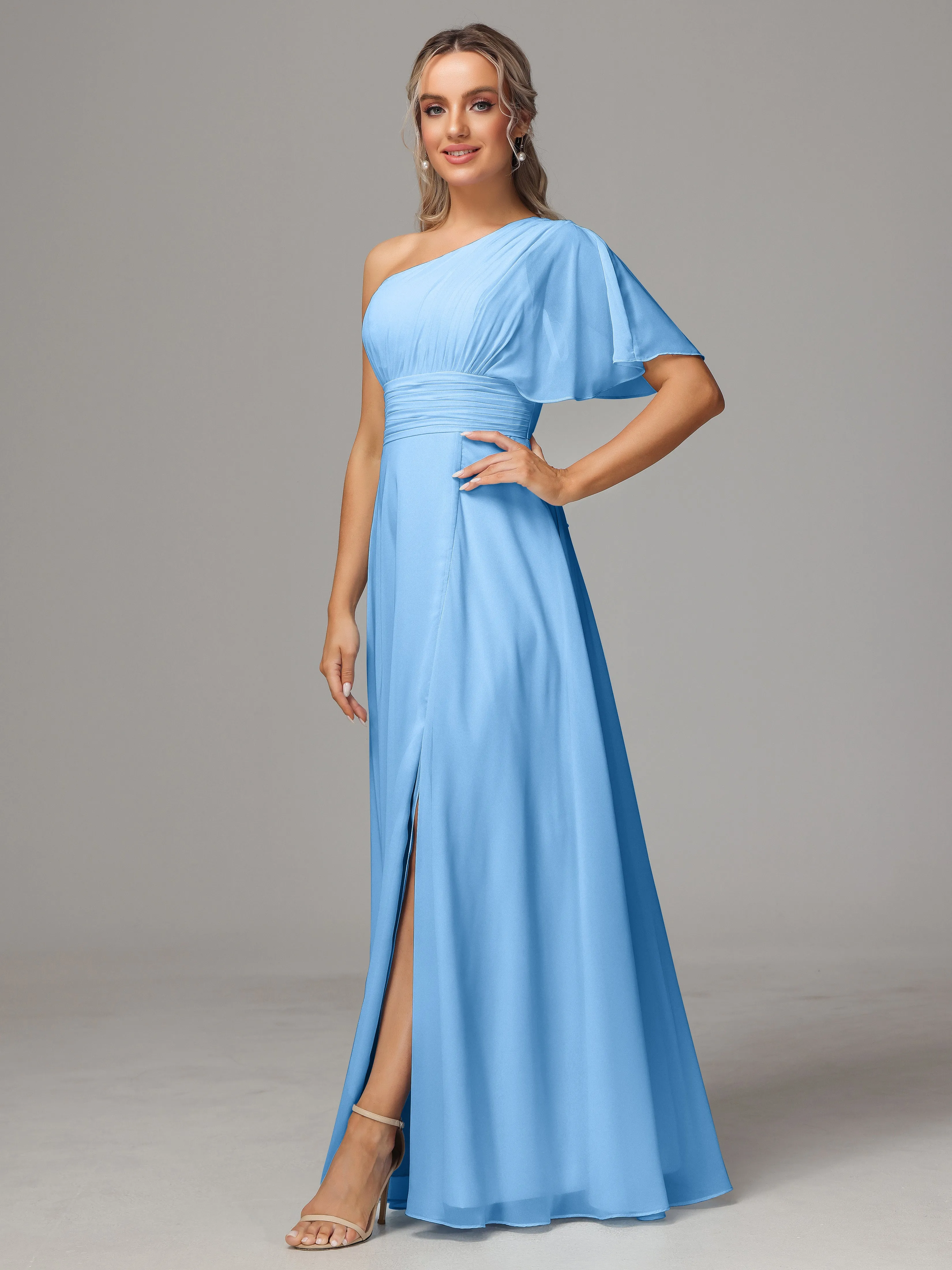 One Shoulder Chiffon Bridesmaid Dresses With Slit