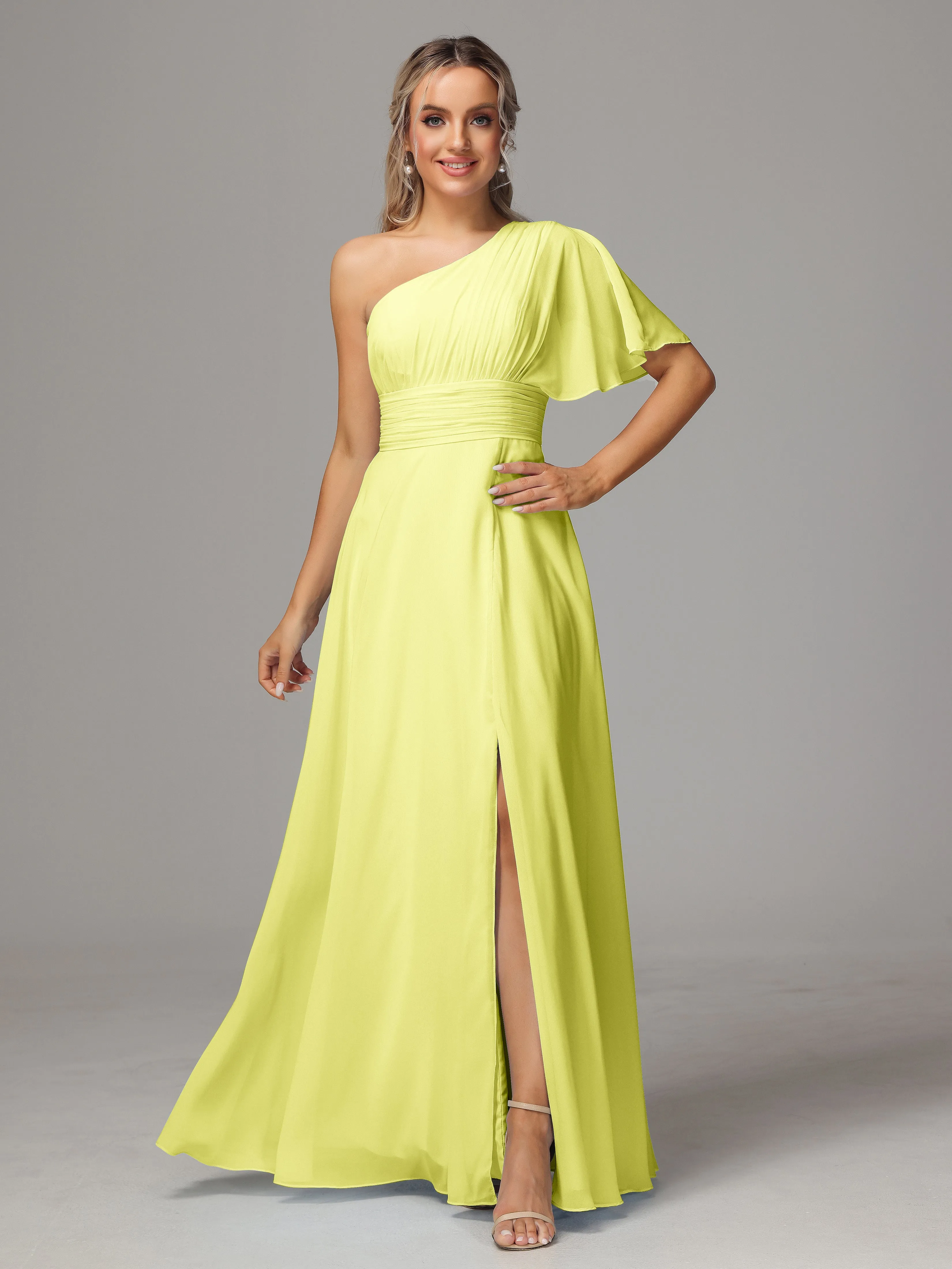 One Shoulder Chiffon Bridesmaid Dresses With Slit