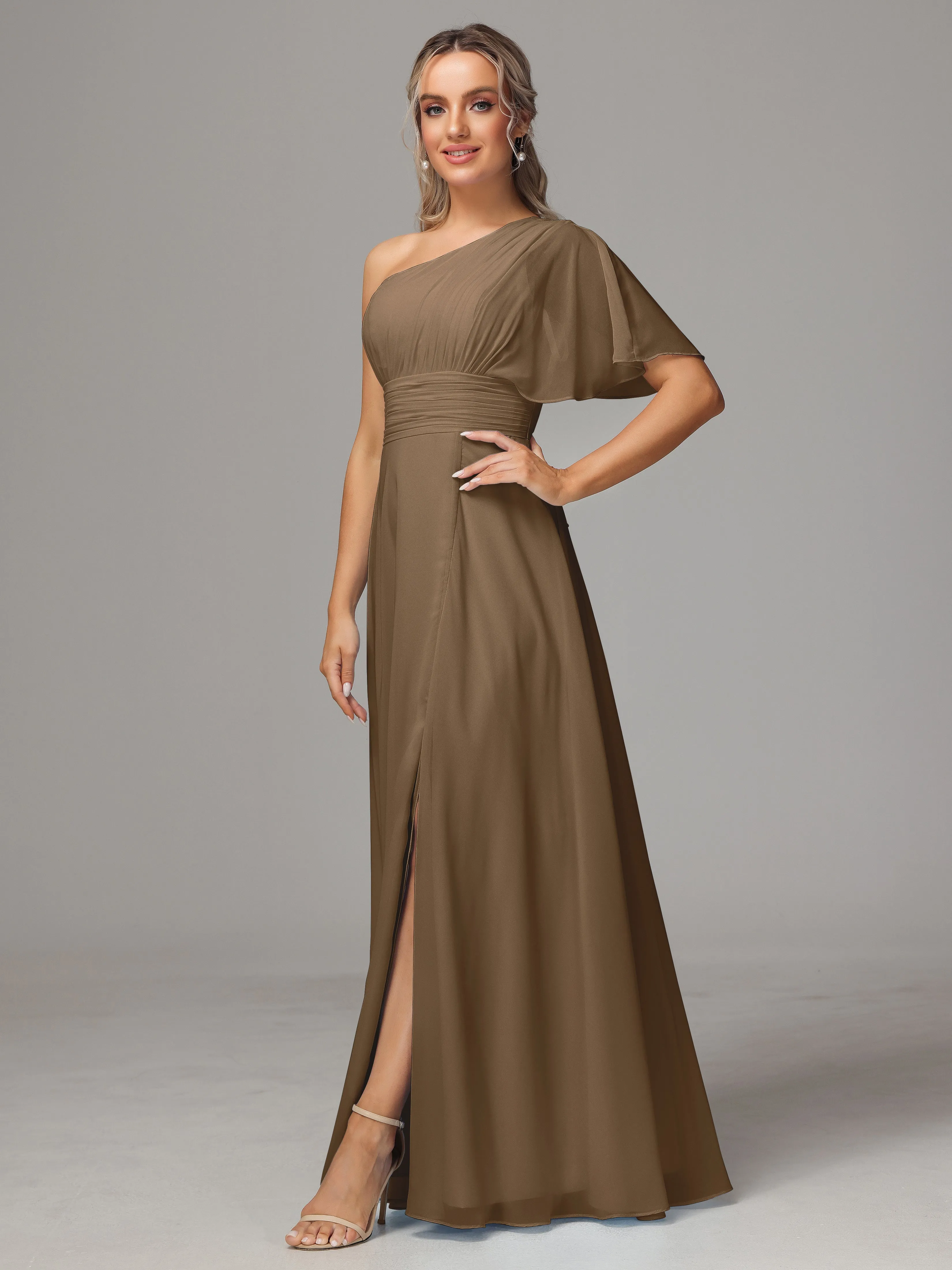 One Shoulder Chiffon Bridesmaid Dresses With Slit
