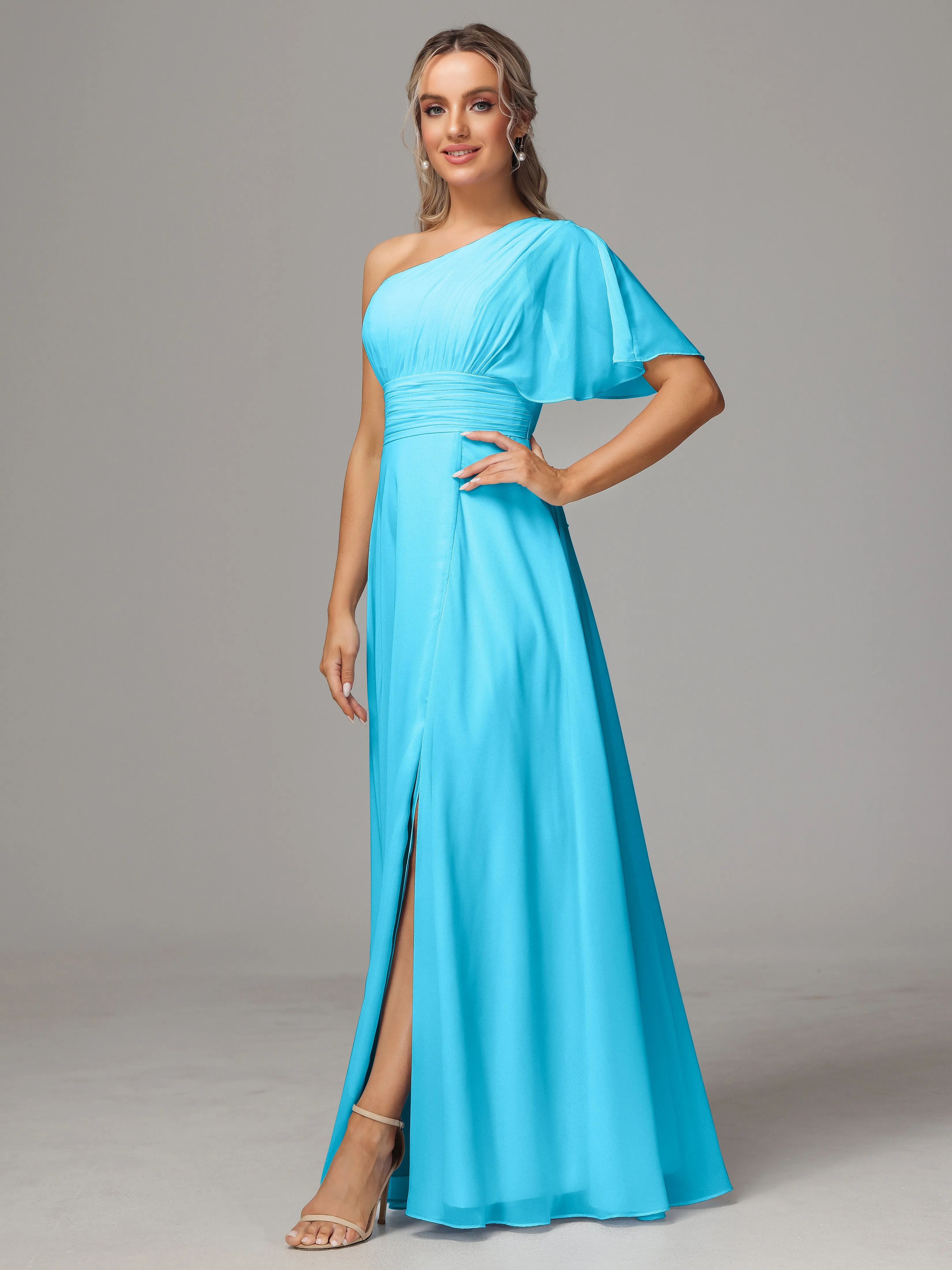 One Shoulder Chiffon Bridesmaid Dresses With Slit
