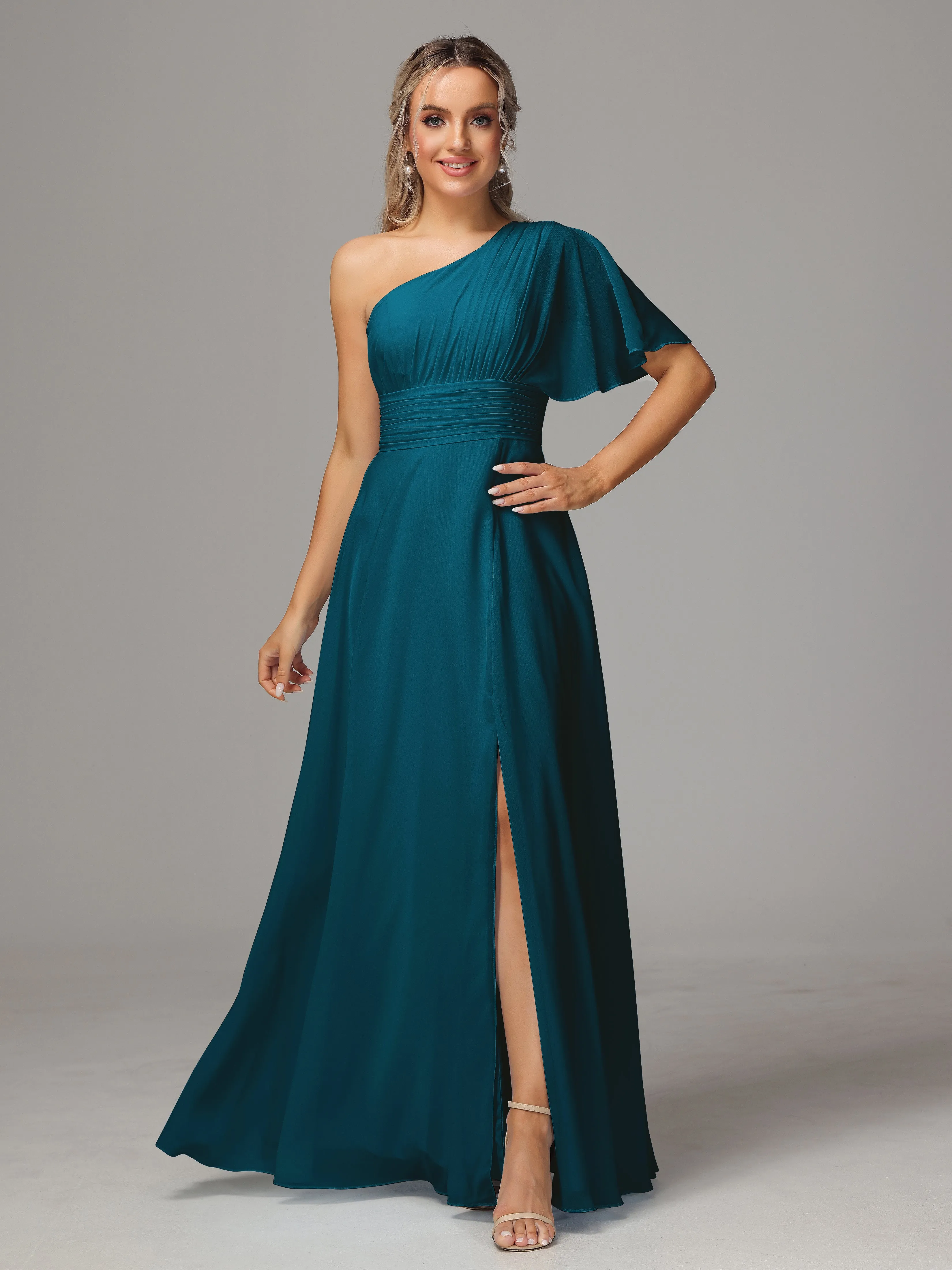 One Shoulder Chiffon Bridesmaid Dresses With Slit