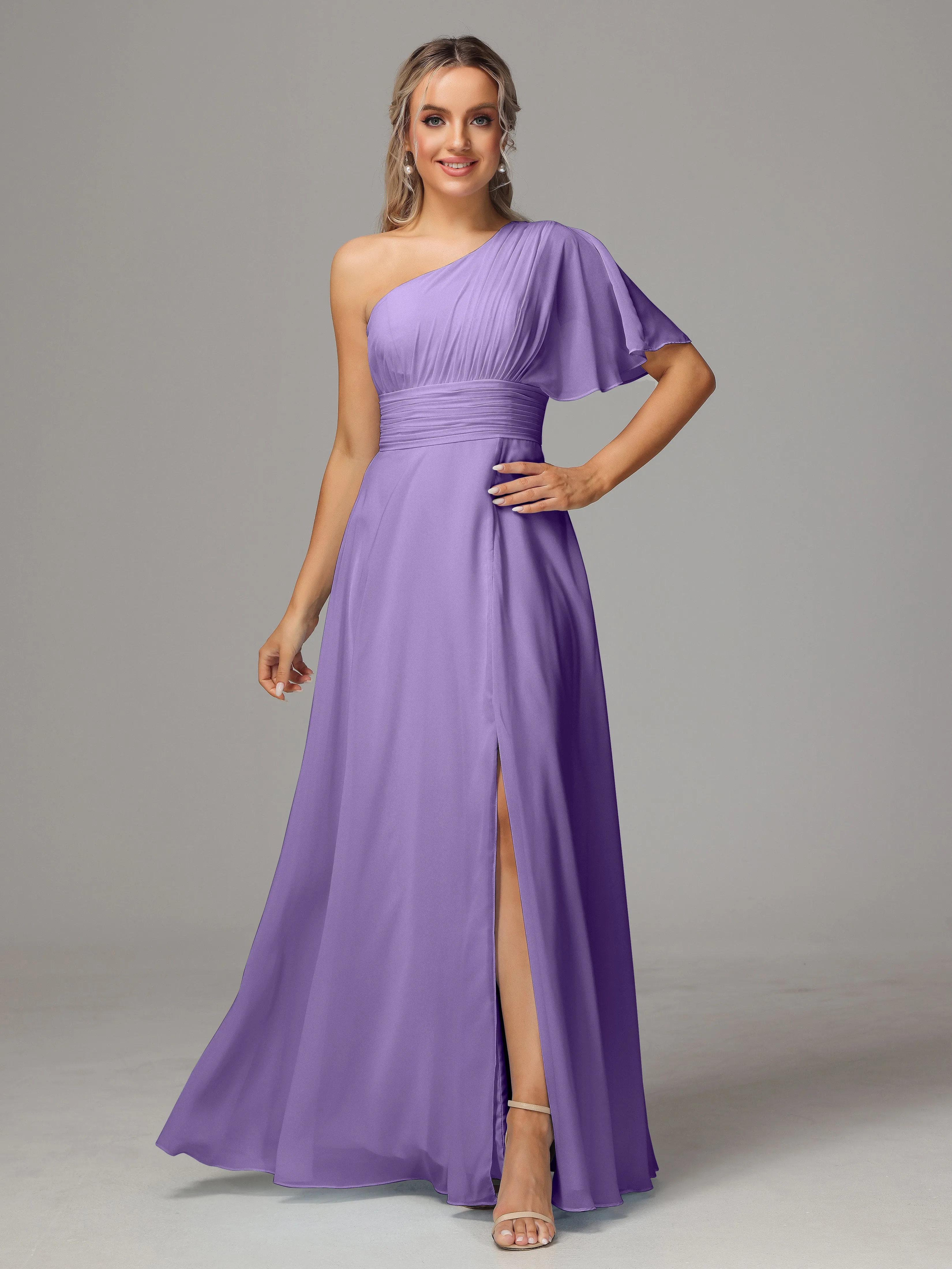 One Shoulder Chiffon Bridesmaid Dresses With Slit