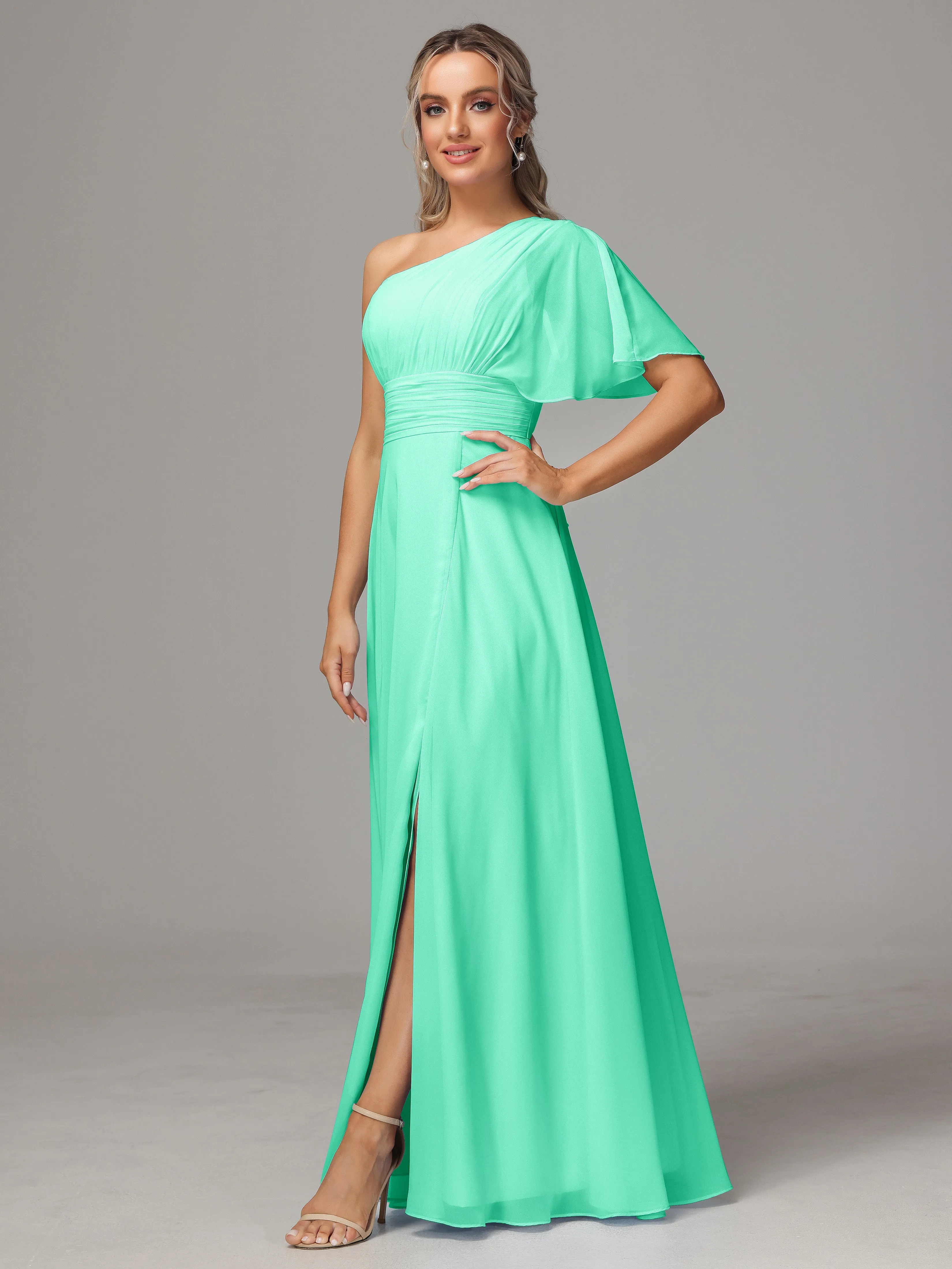 One Shoulder Chiffon Bridesmaid Dresses With Slit