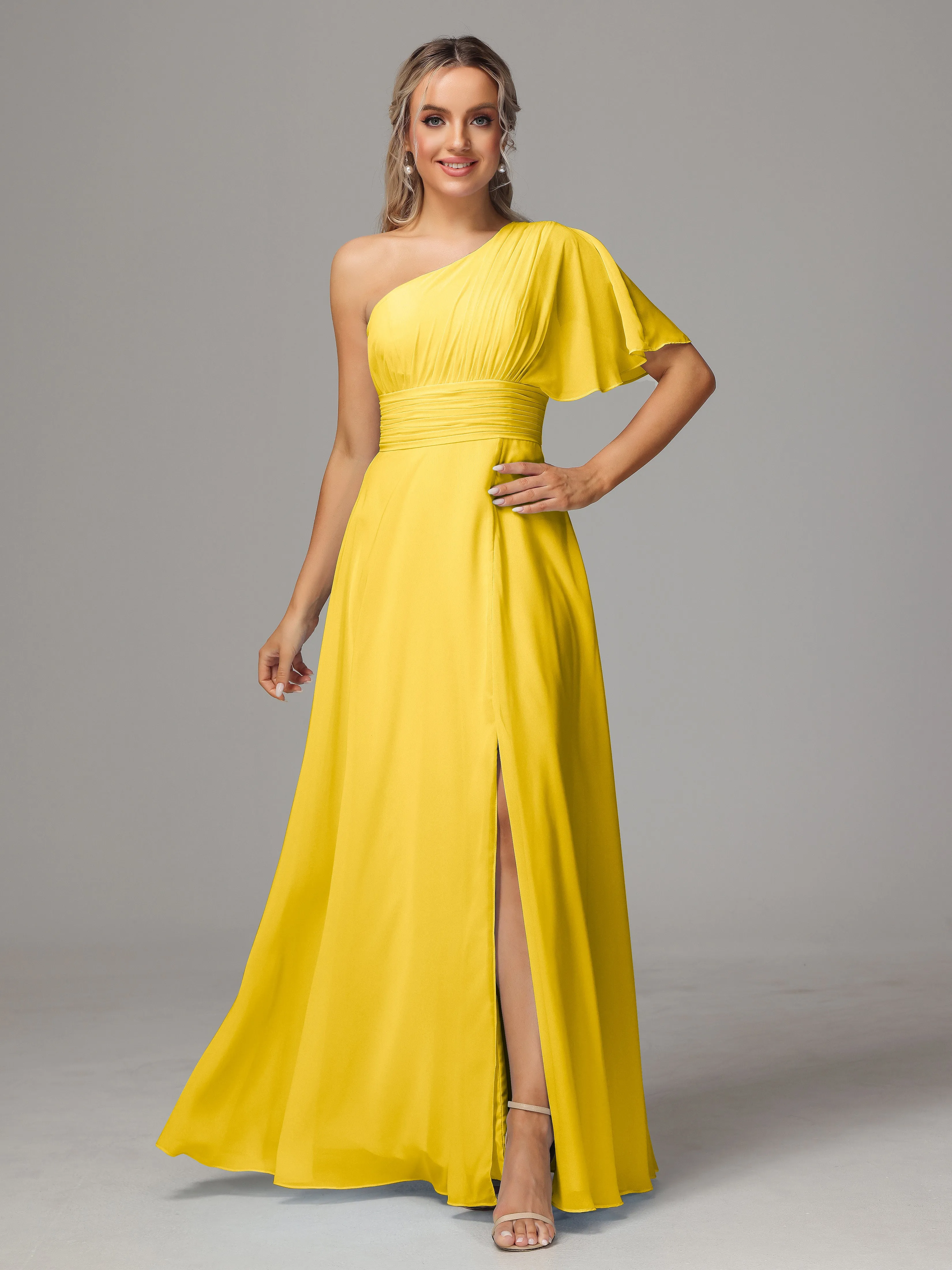 One Shoulder Chiffon Bridesmaid Dresses With Slit