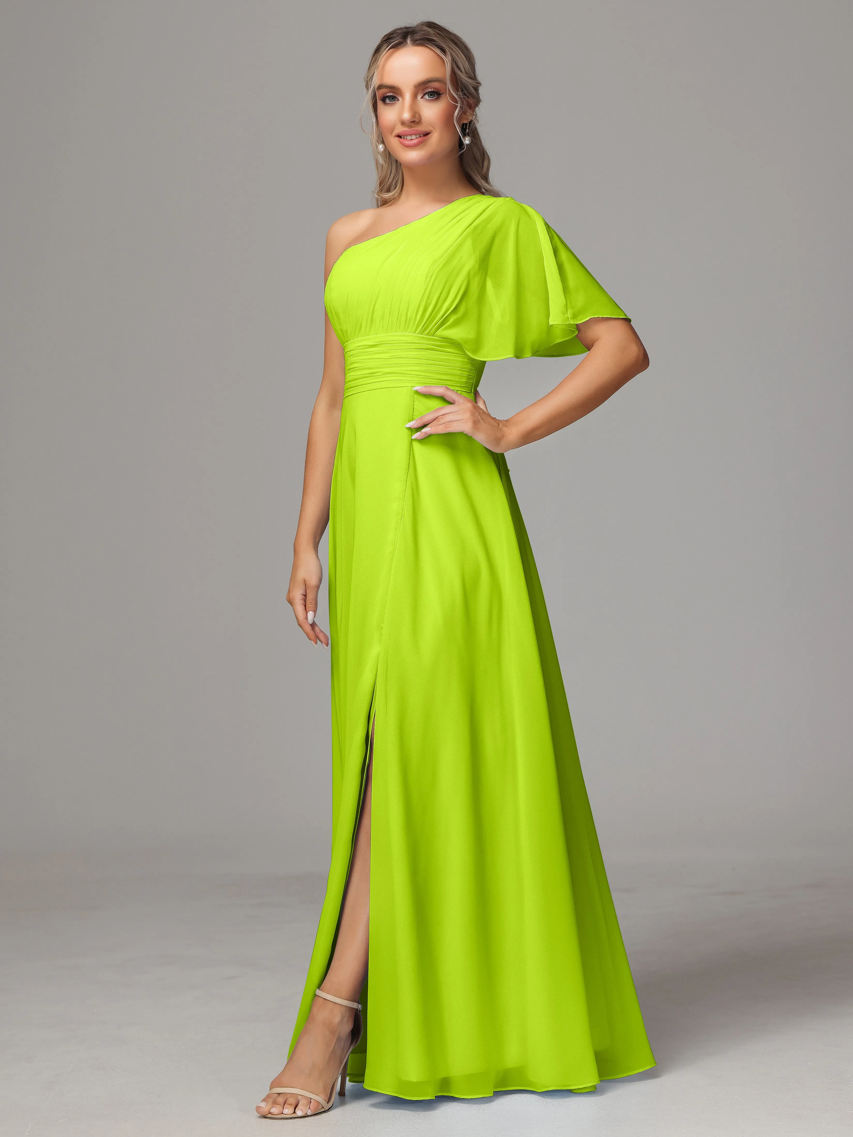 One Shoulder Chiffon Bridesmaid Dresses With Slit