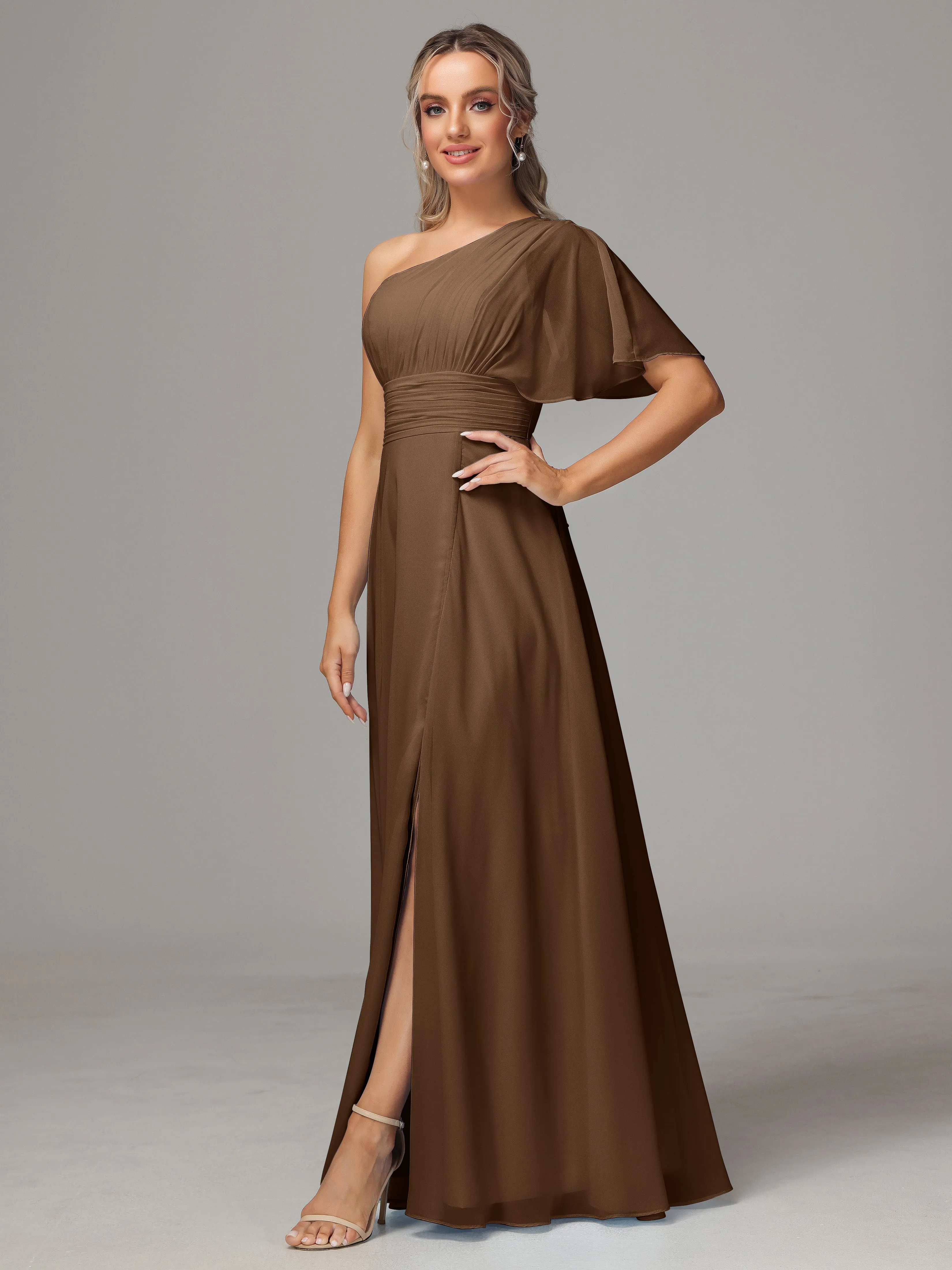 One Shoulder Chiffon Bridesmaid Dresses With Slit