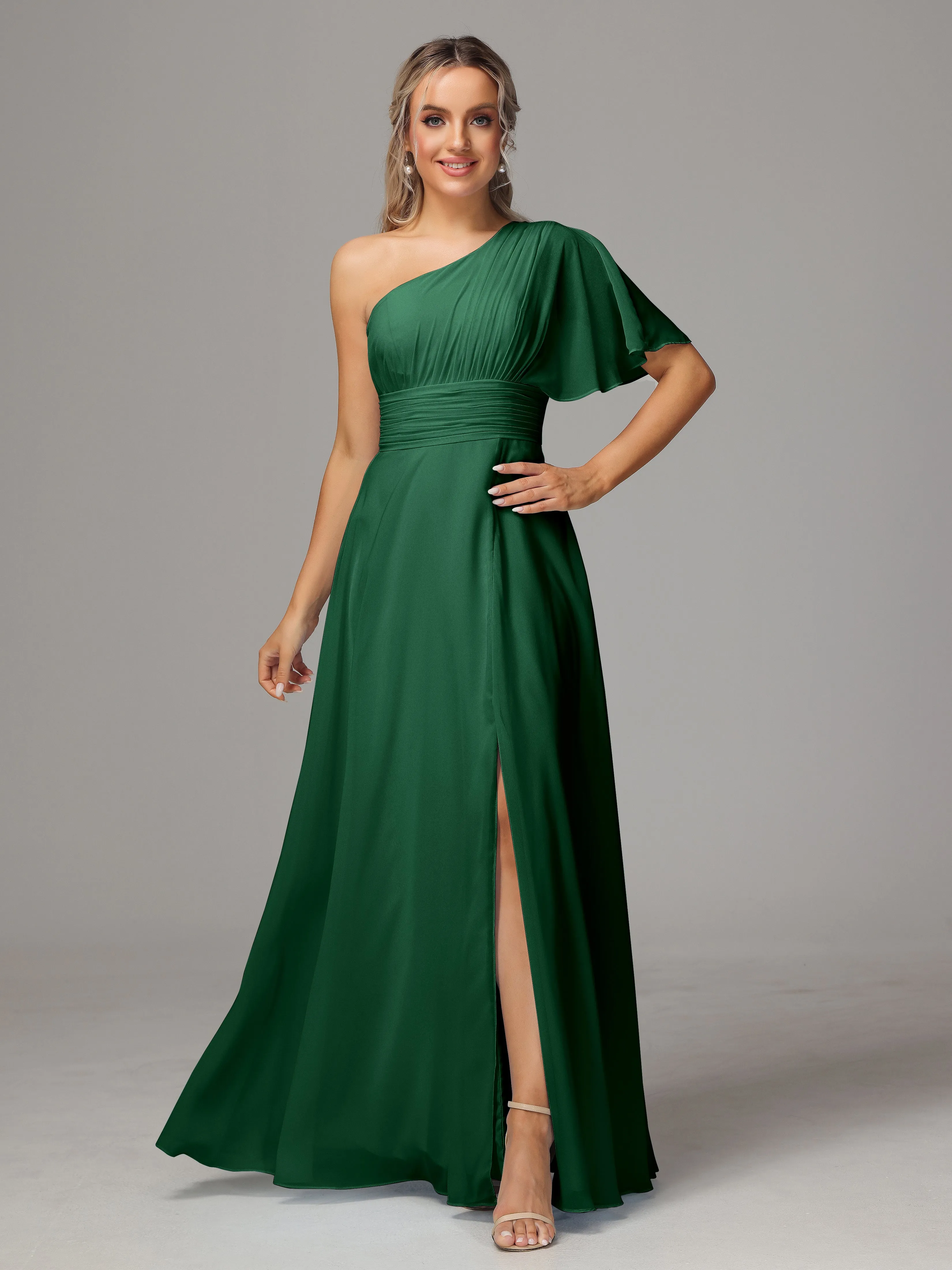 One Shoulder Chiffon Bridesmaid Dresses With Slit