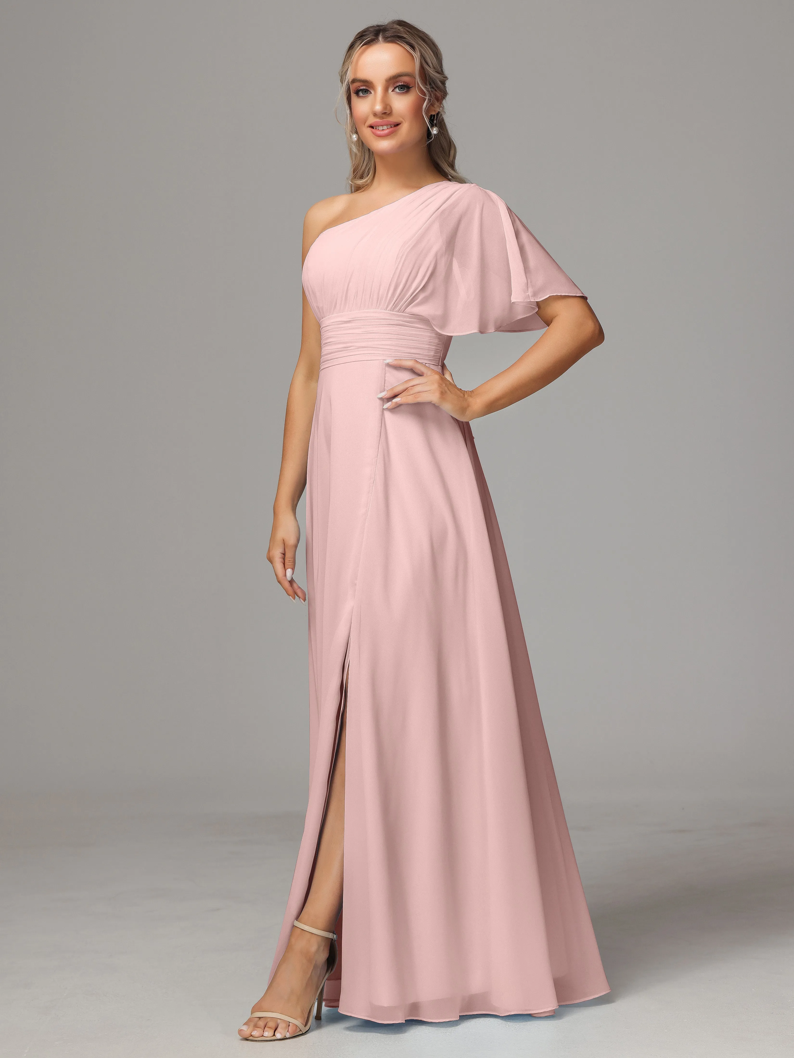 One Shoulder Chiffon Bridesmaid Dresses With Slit