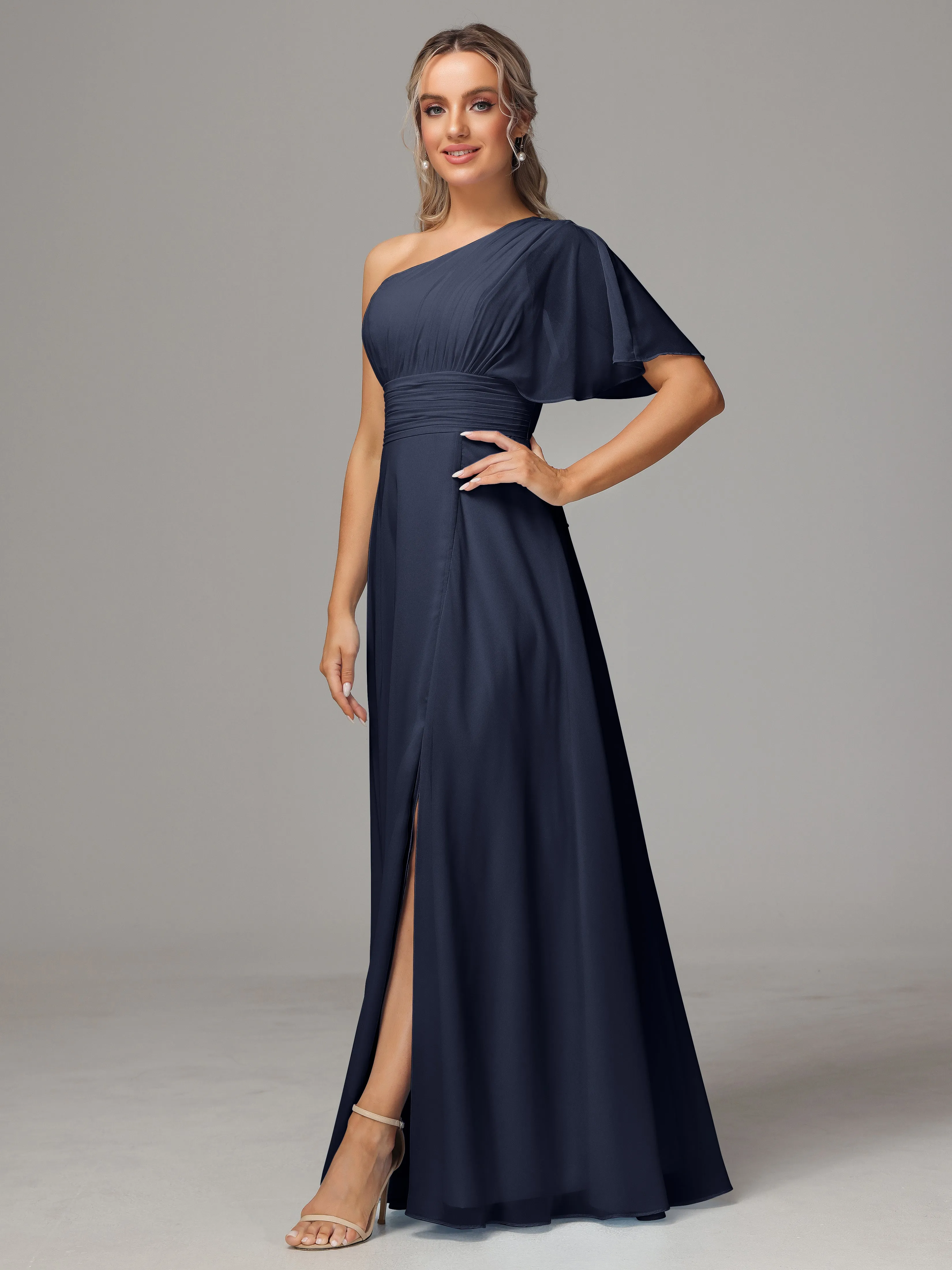 One Shoulder Chiffon Bridesmaid Dresses With Slit