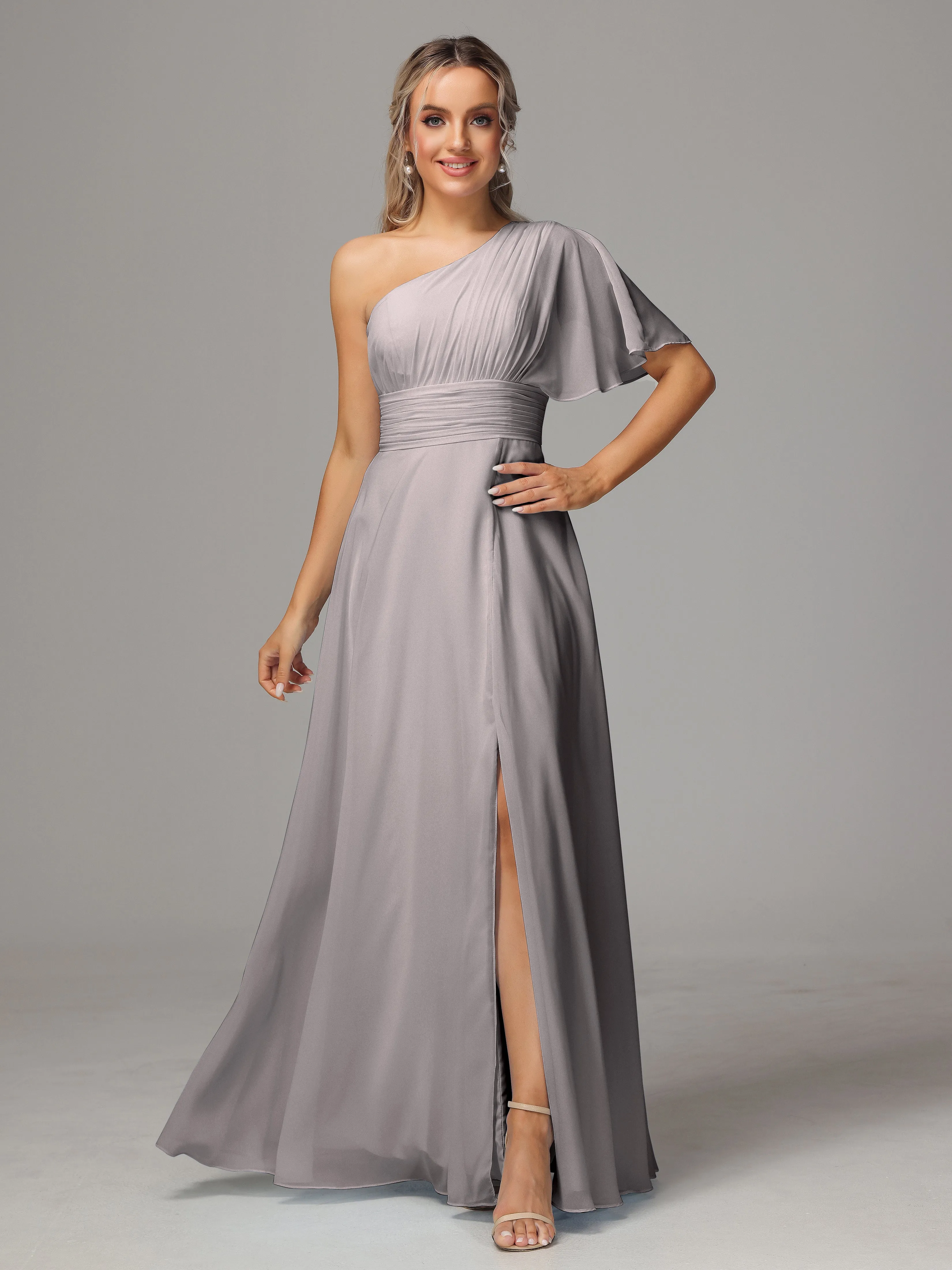 One Shoulder Chiffon Bridesmaid Dresses With Slit