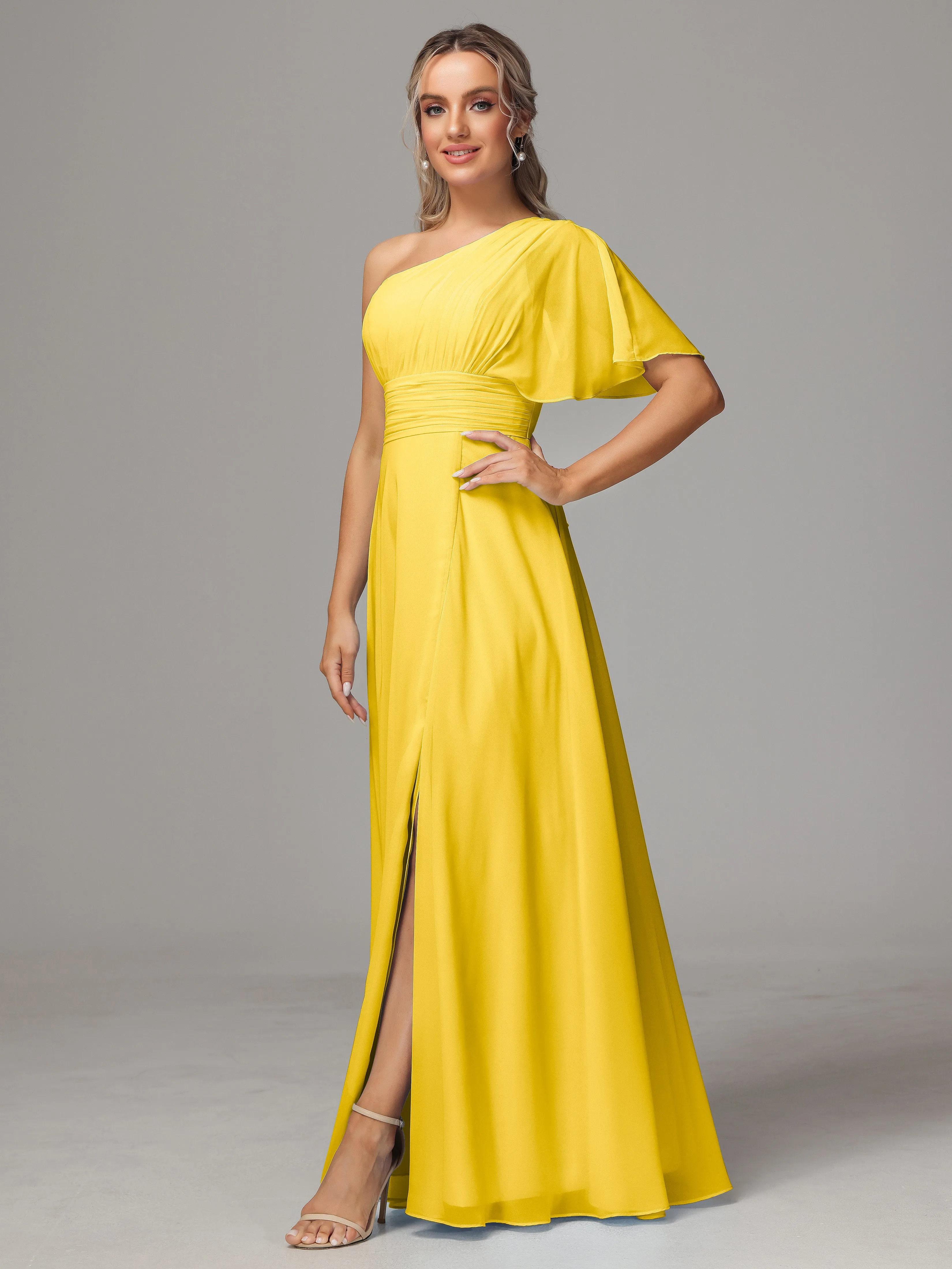 One Shoulder Chiffon Bridesmaid Dresses With Slit