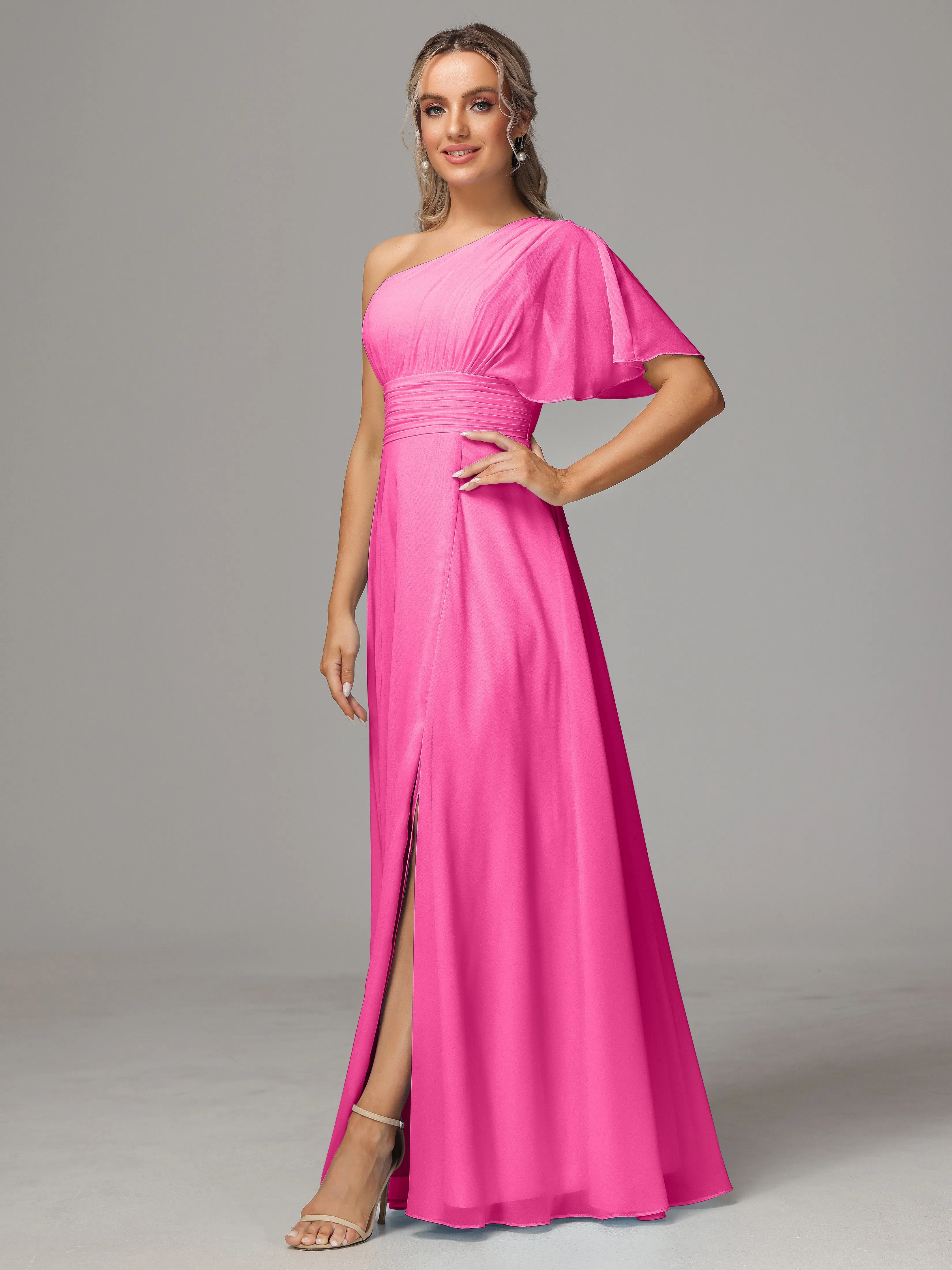 One Shoulder Chiffon Bridesmaid Dresses With Slit