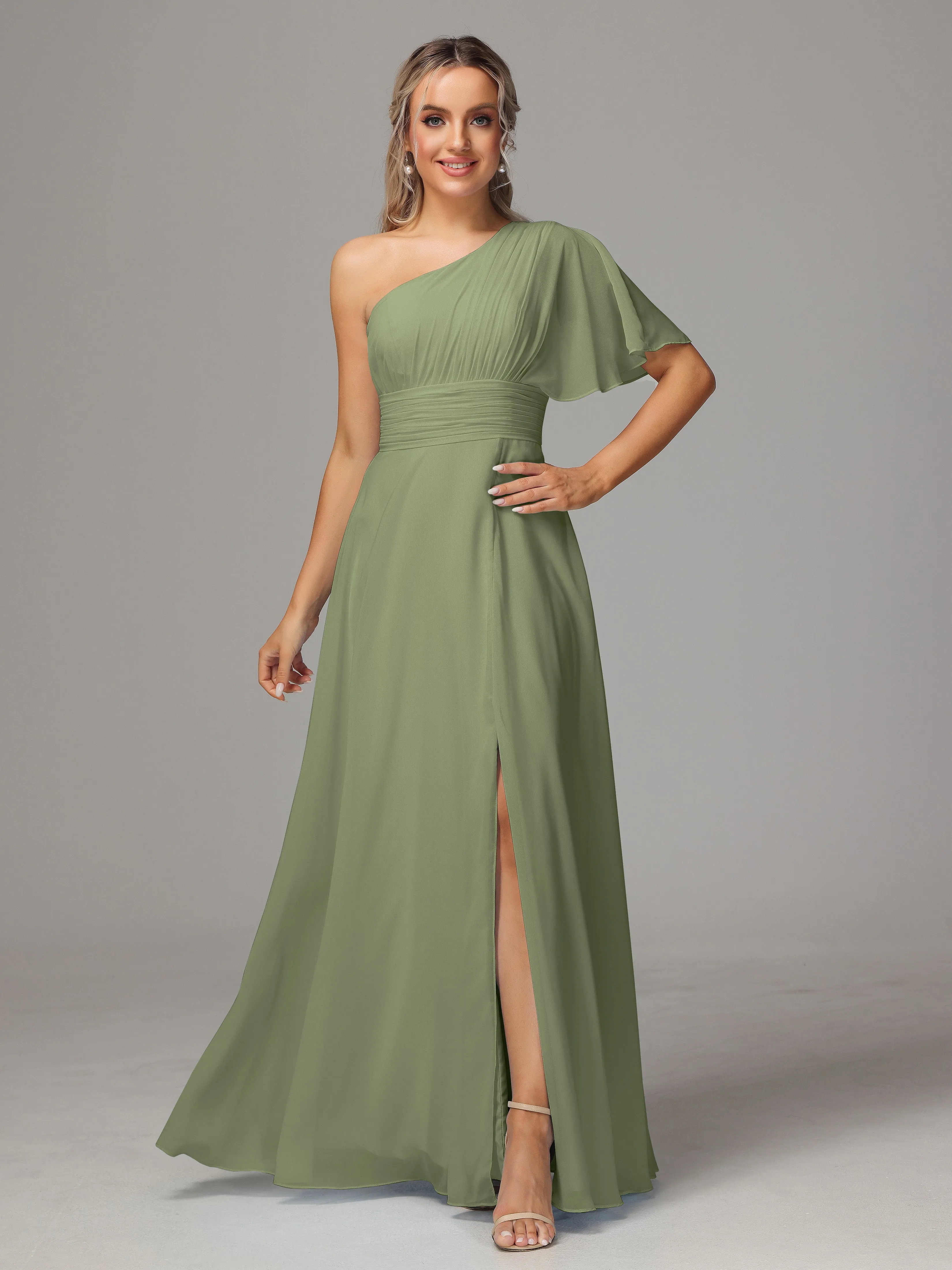 One Shoulder Chiffon Bridesmaid Dresses With Slit