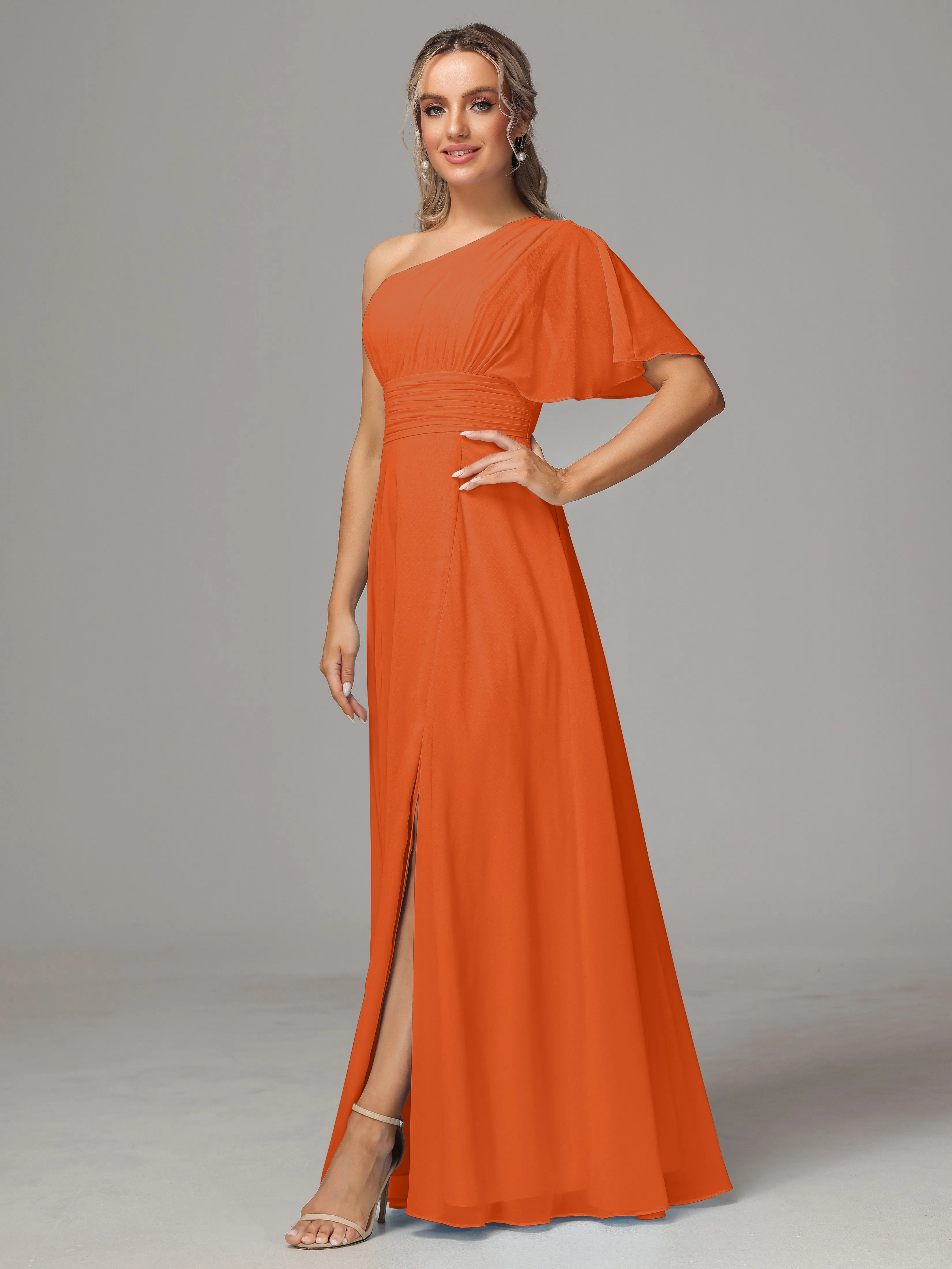One Shoulder Chiffon Bridesmaid Dresses With Slit