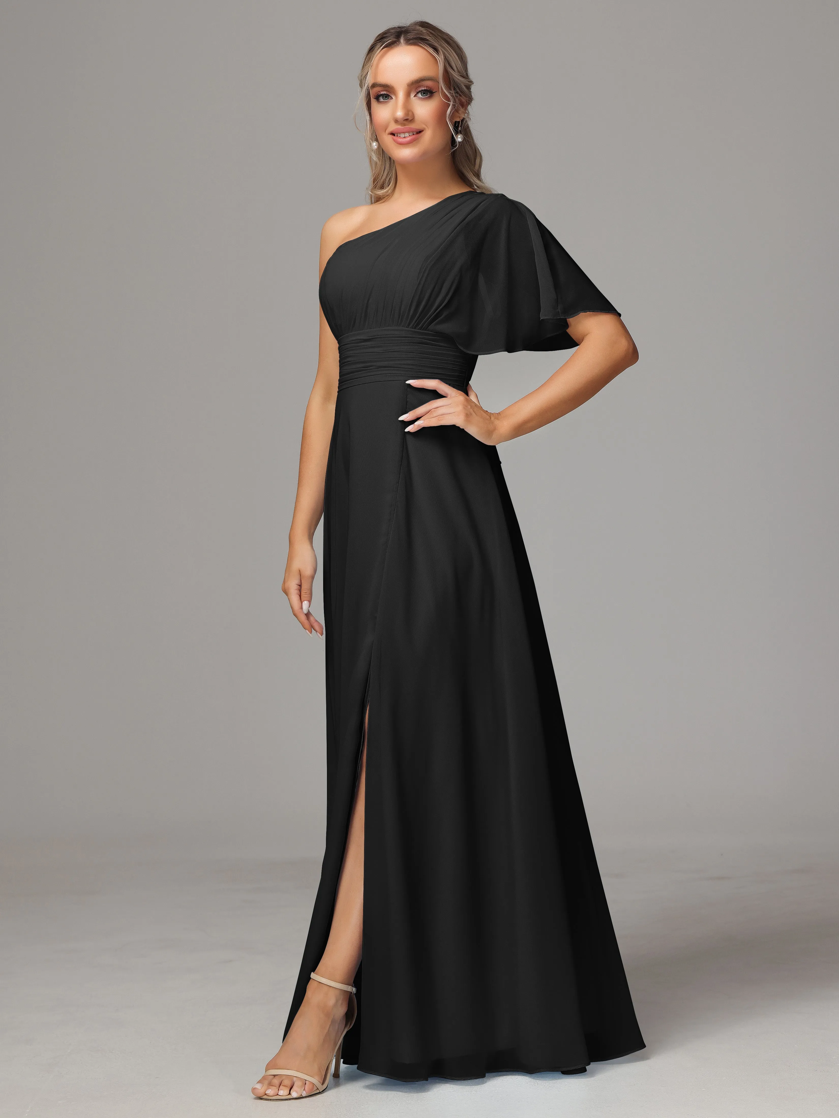 One Shoulder Chiffon Bridesmaid Dresses With Slit