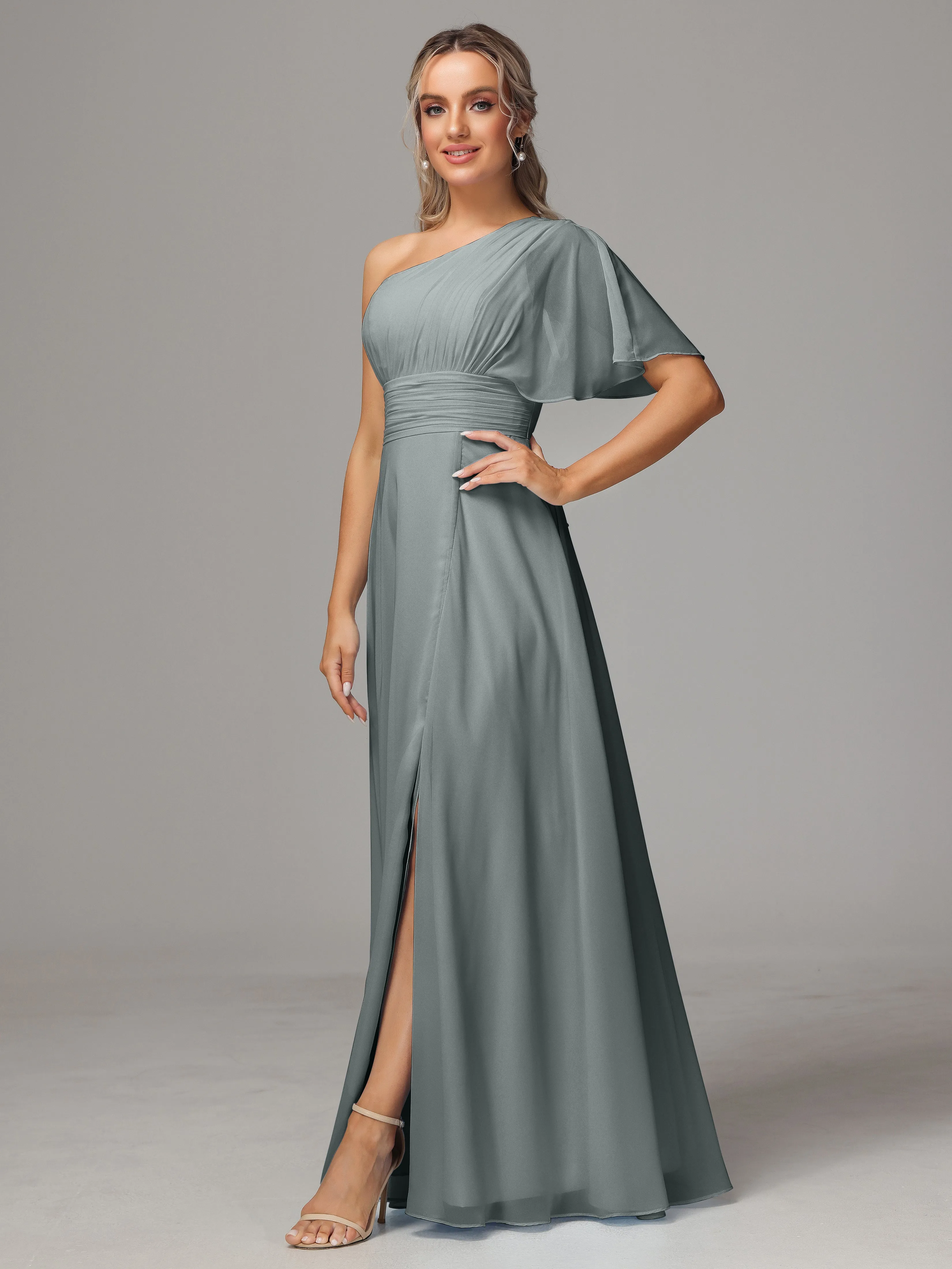 One Shoulder Chiffon Bridesmaid Dresses With Slit