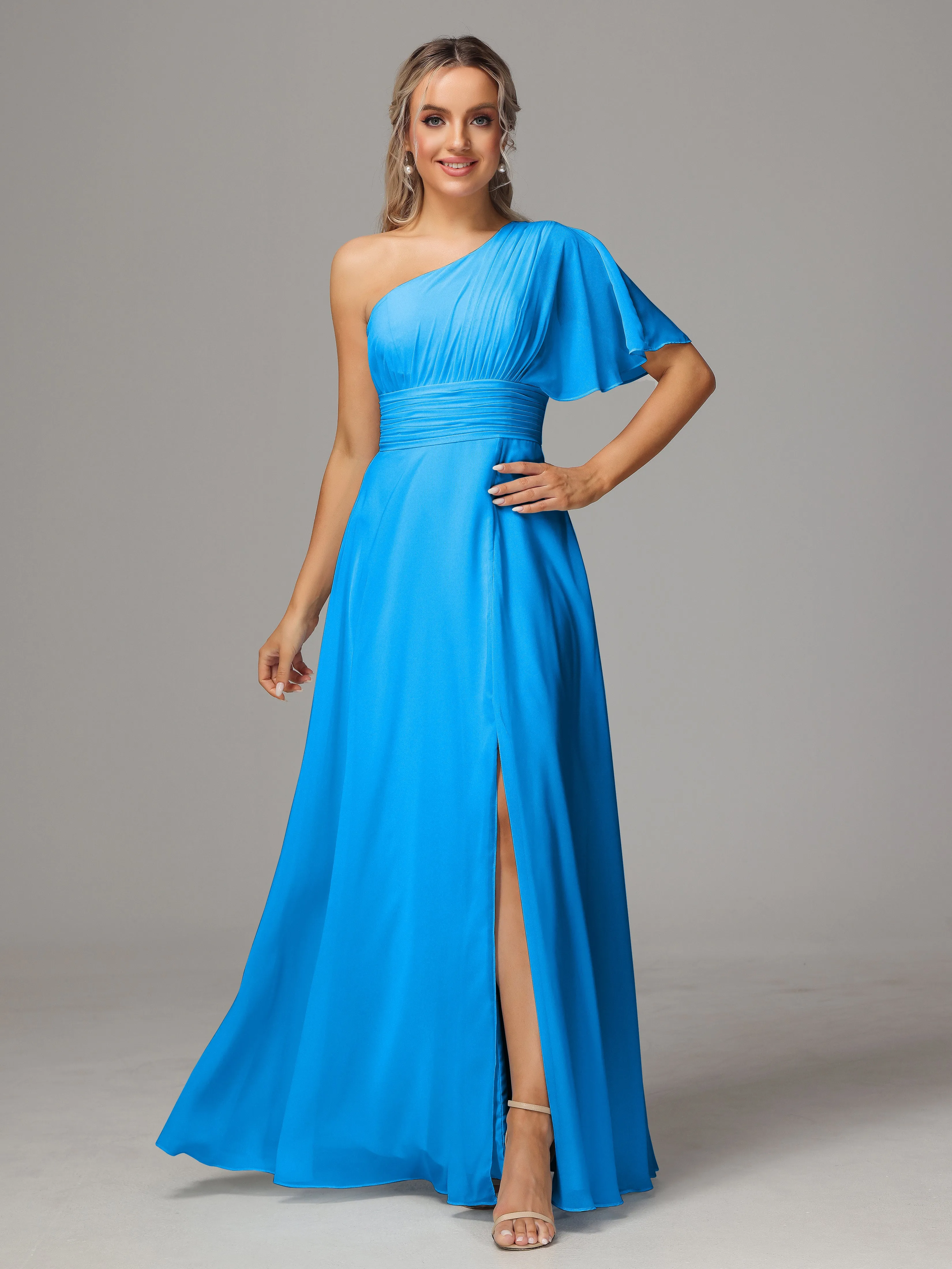 One Shoulder Chiffon Bridesmaid Dresses With Slit