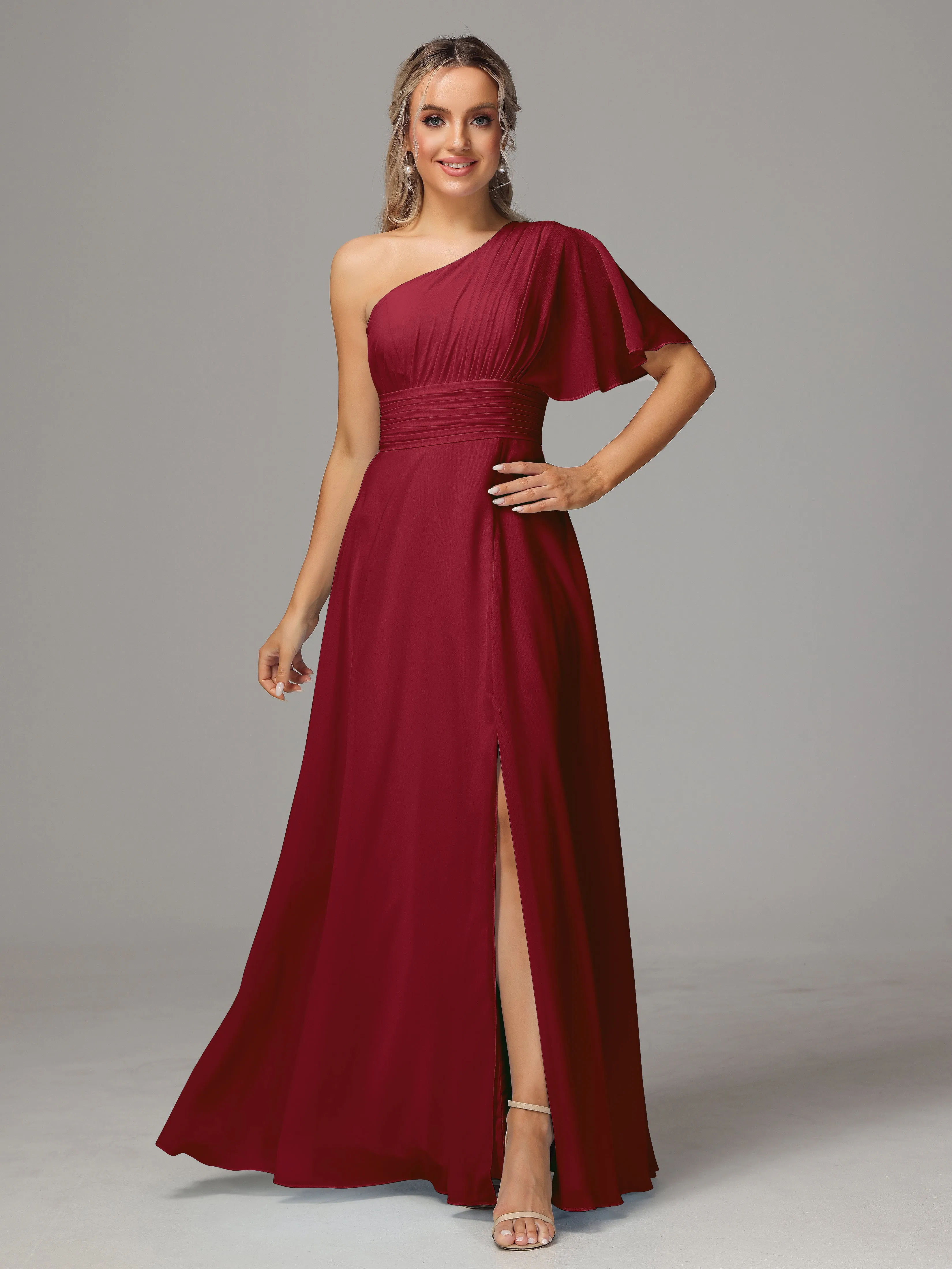 One Shoulder Chiffon Bridesmaid Dresses With Slit