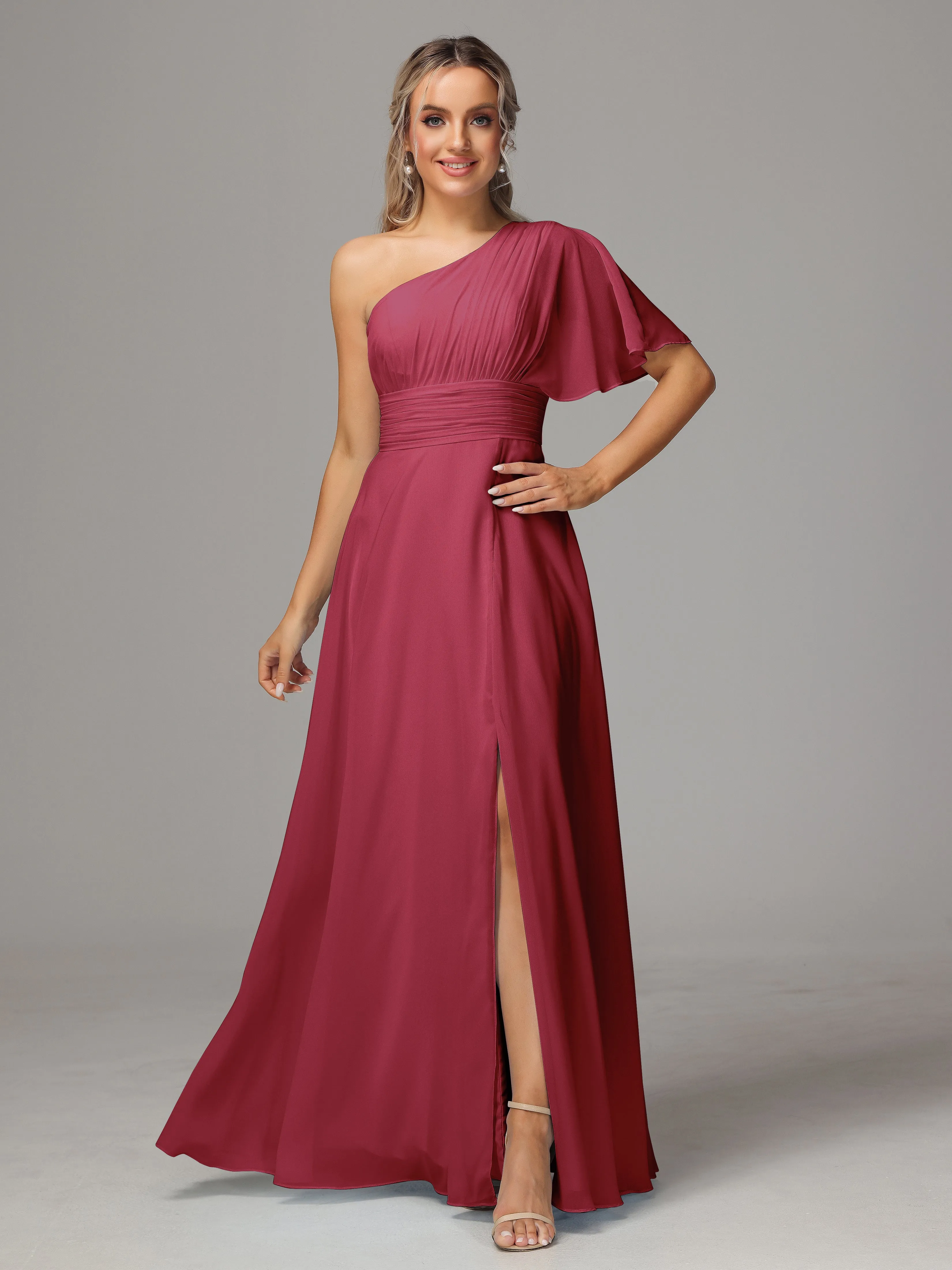 One Shoulder Chiffon Bridesmaid Dresses With Slit