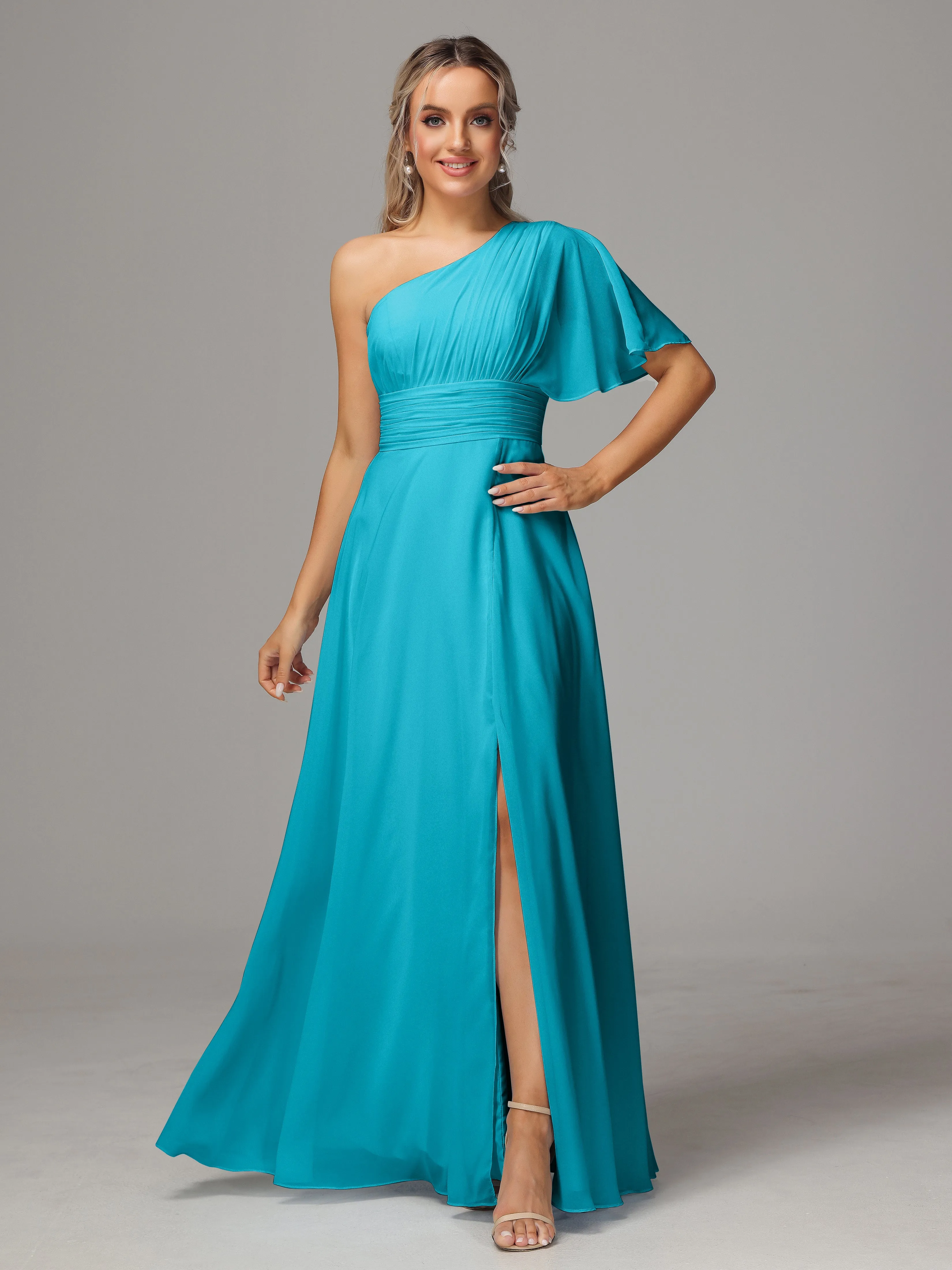 One Shoulder Chiffon Bridesmaid Dresses With Slit