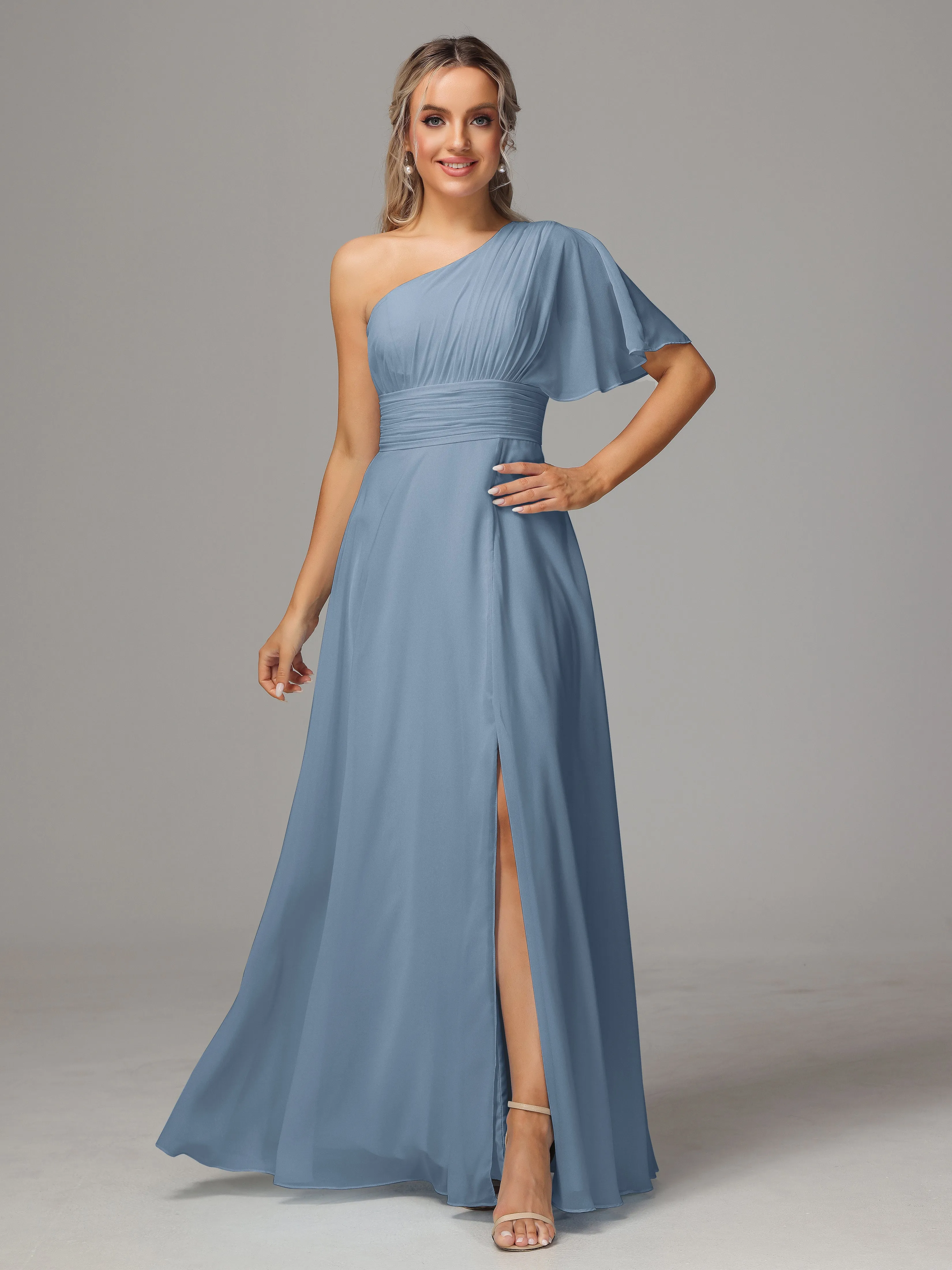One Shoulder Chiffon Bridesmaid Dresses With Slit