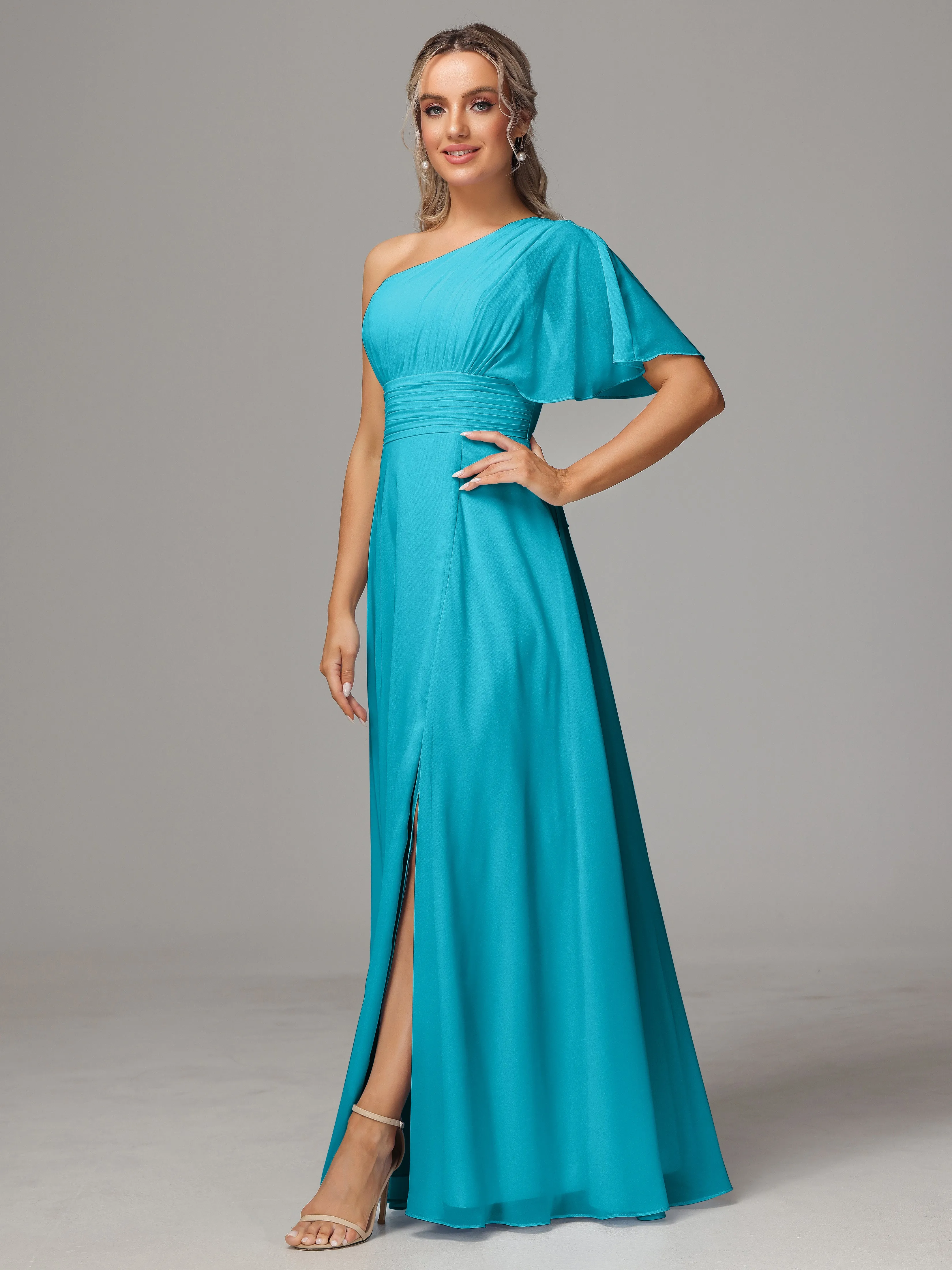 One Shoulder Chiffon Bridesmaid Dresses With Slit