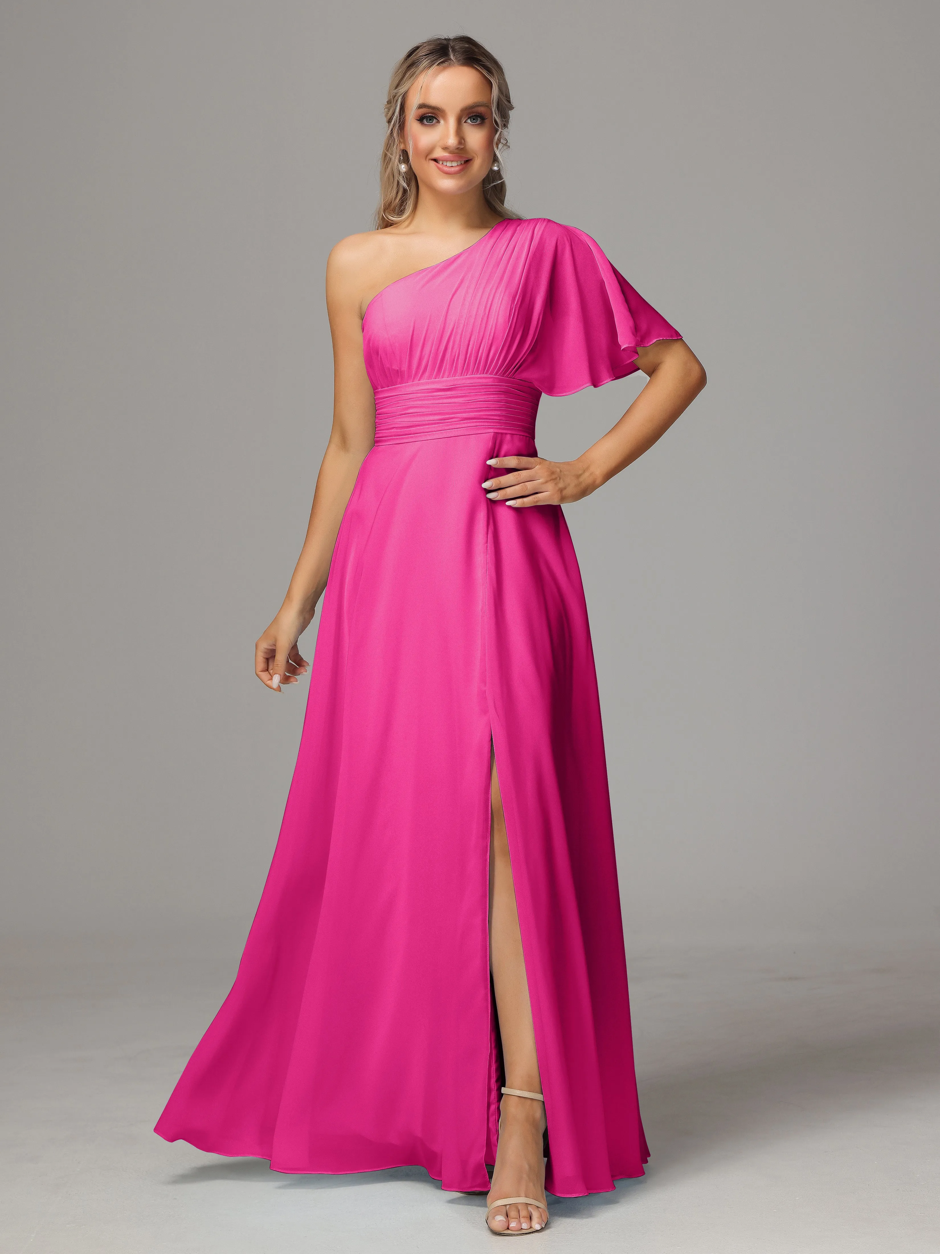 One Shoulder Chiffon Bridesmaid Dresses With Slit